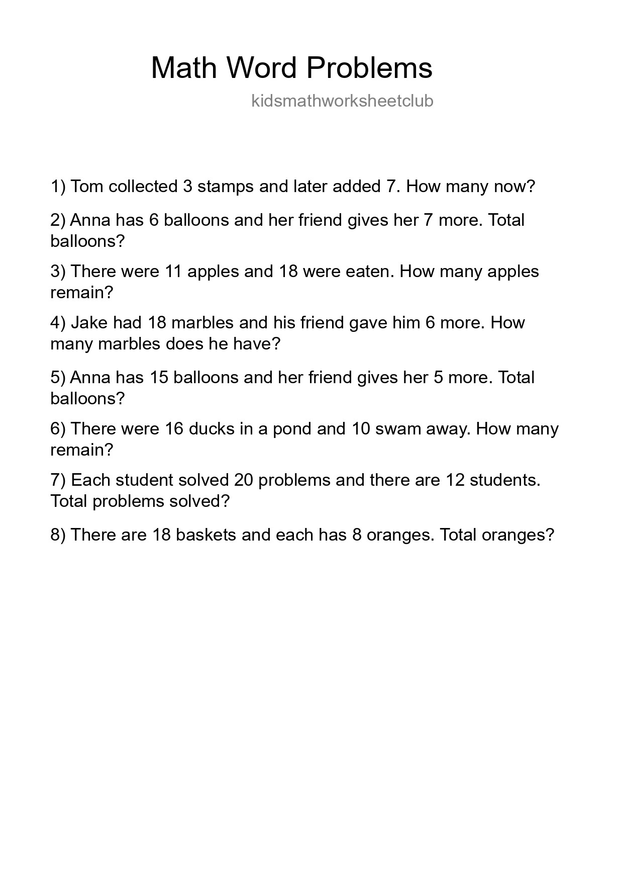 Math Word Problem Worksheet