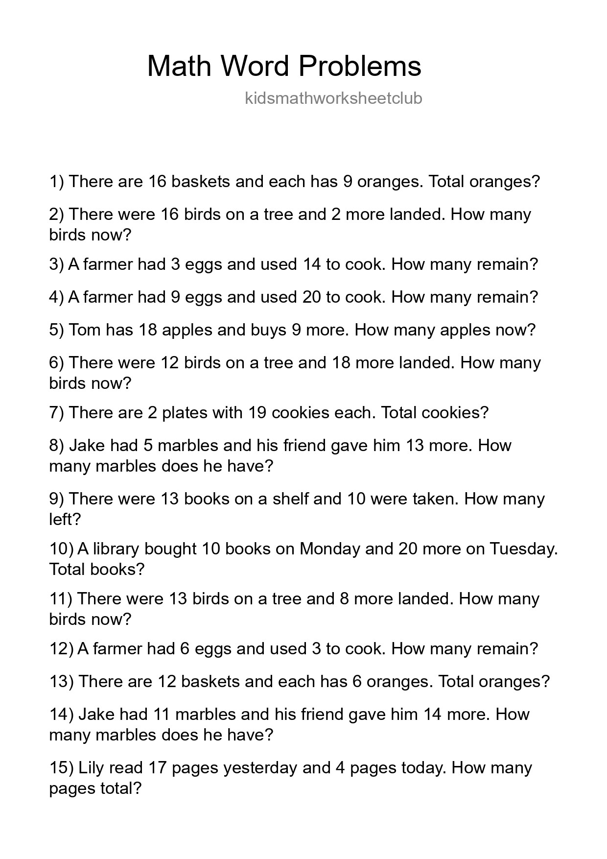 Math Word Problem Worksheet