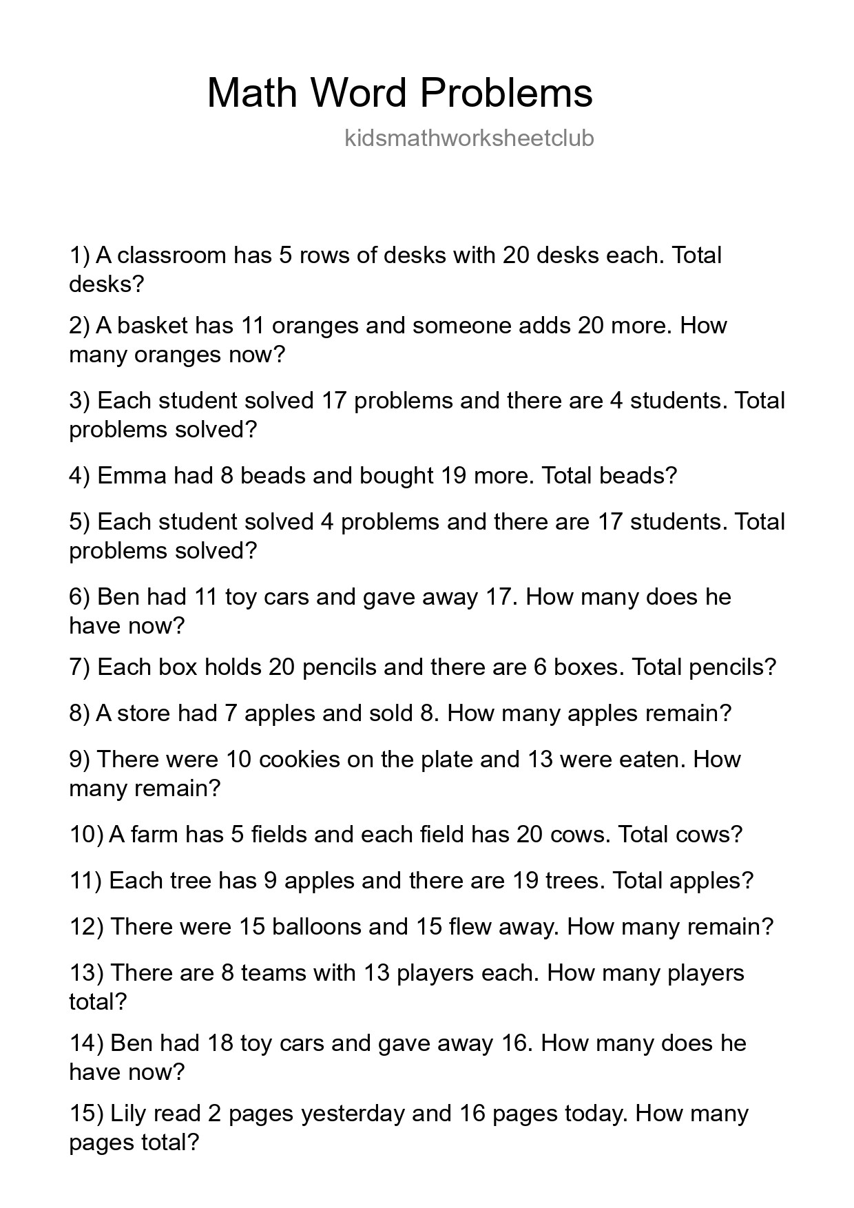 Math Word Problem Worksheet