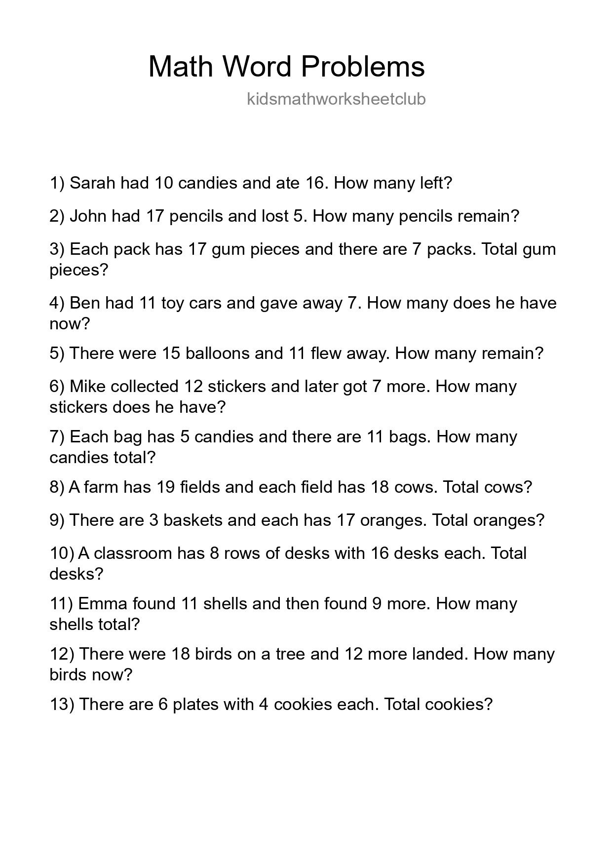 Math Word Problem Worksheet