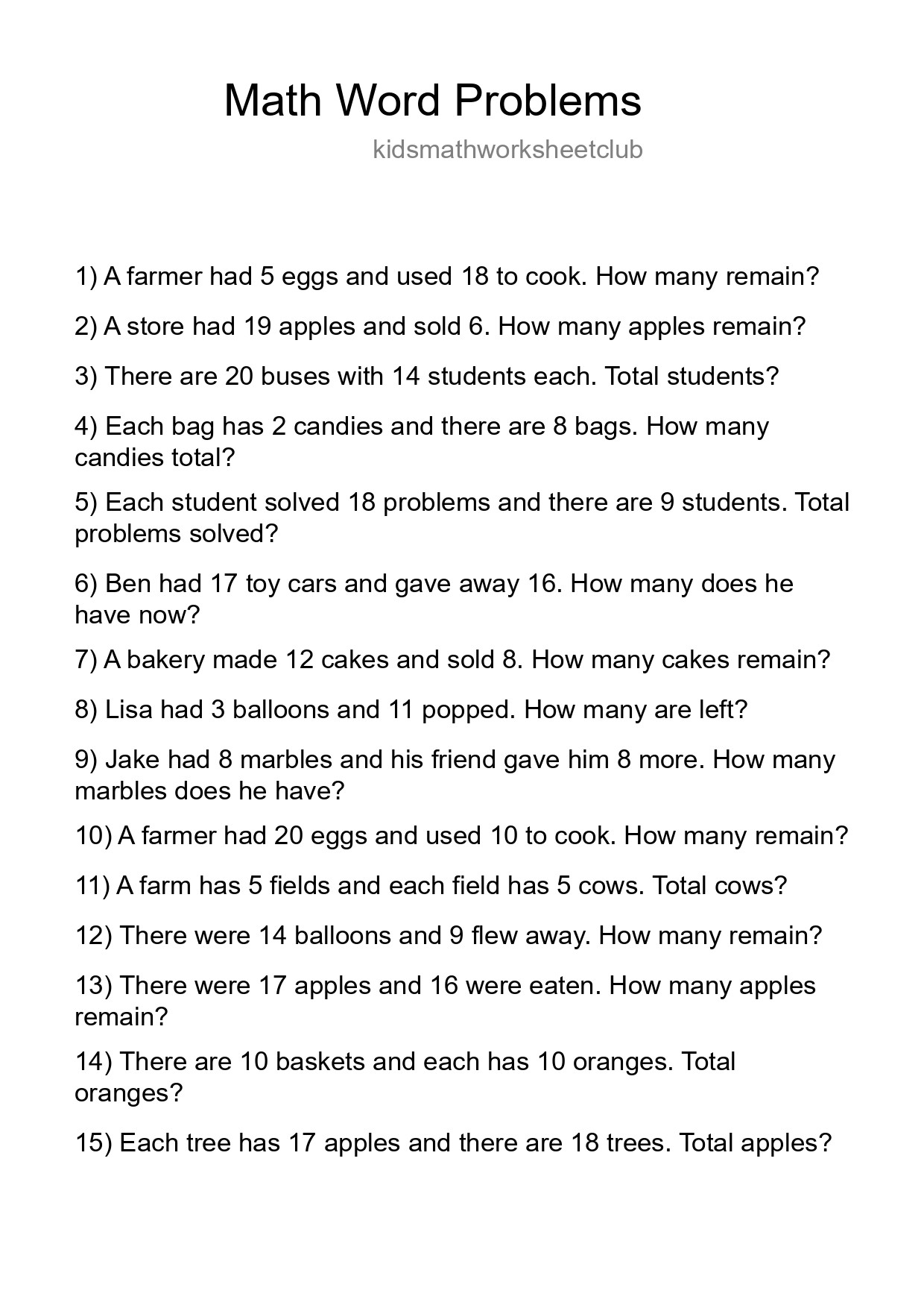 Math Word Problem Worksheet