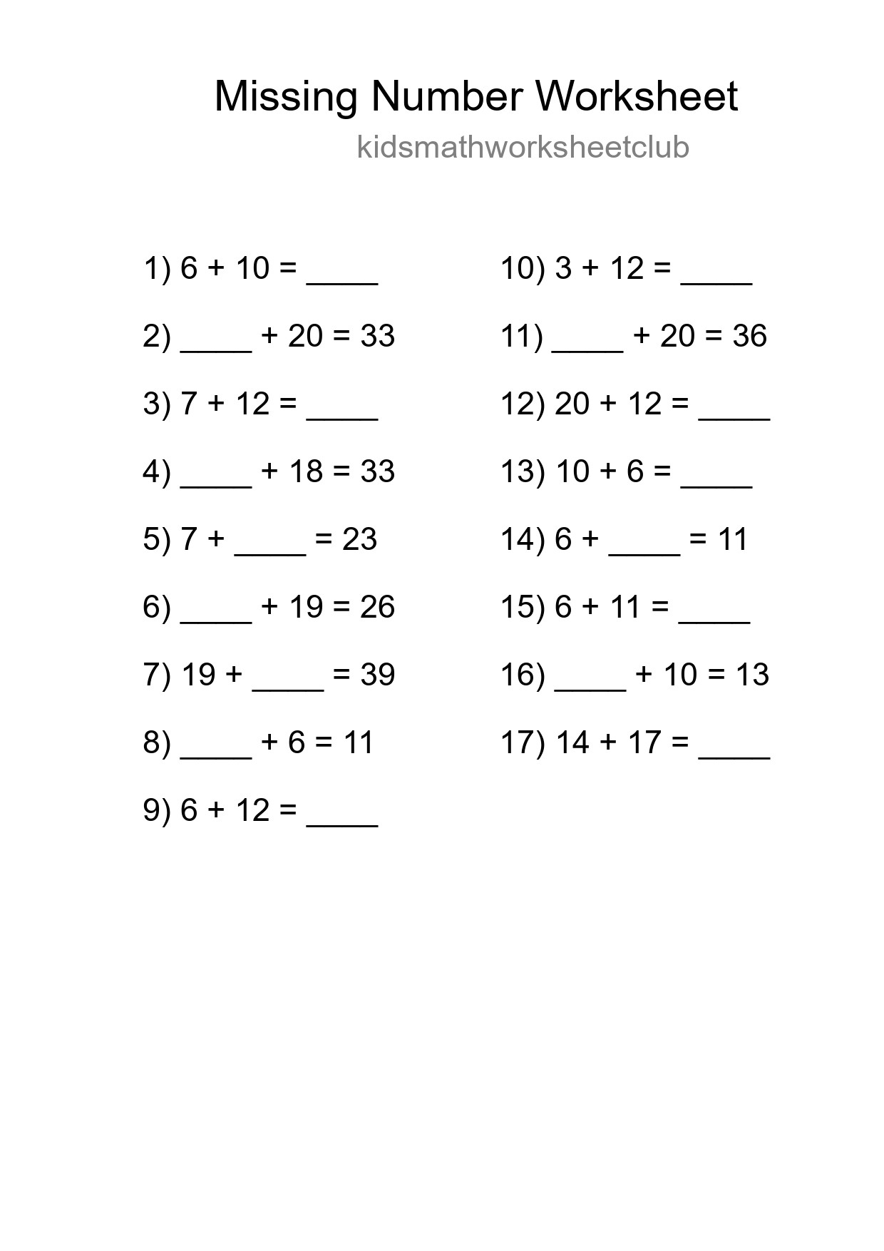 Missing Number Math Worksheet