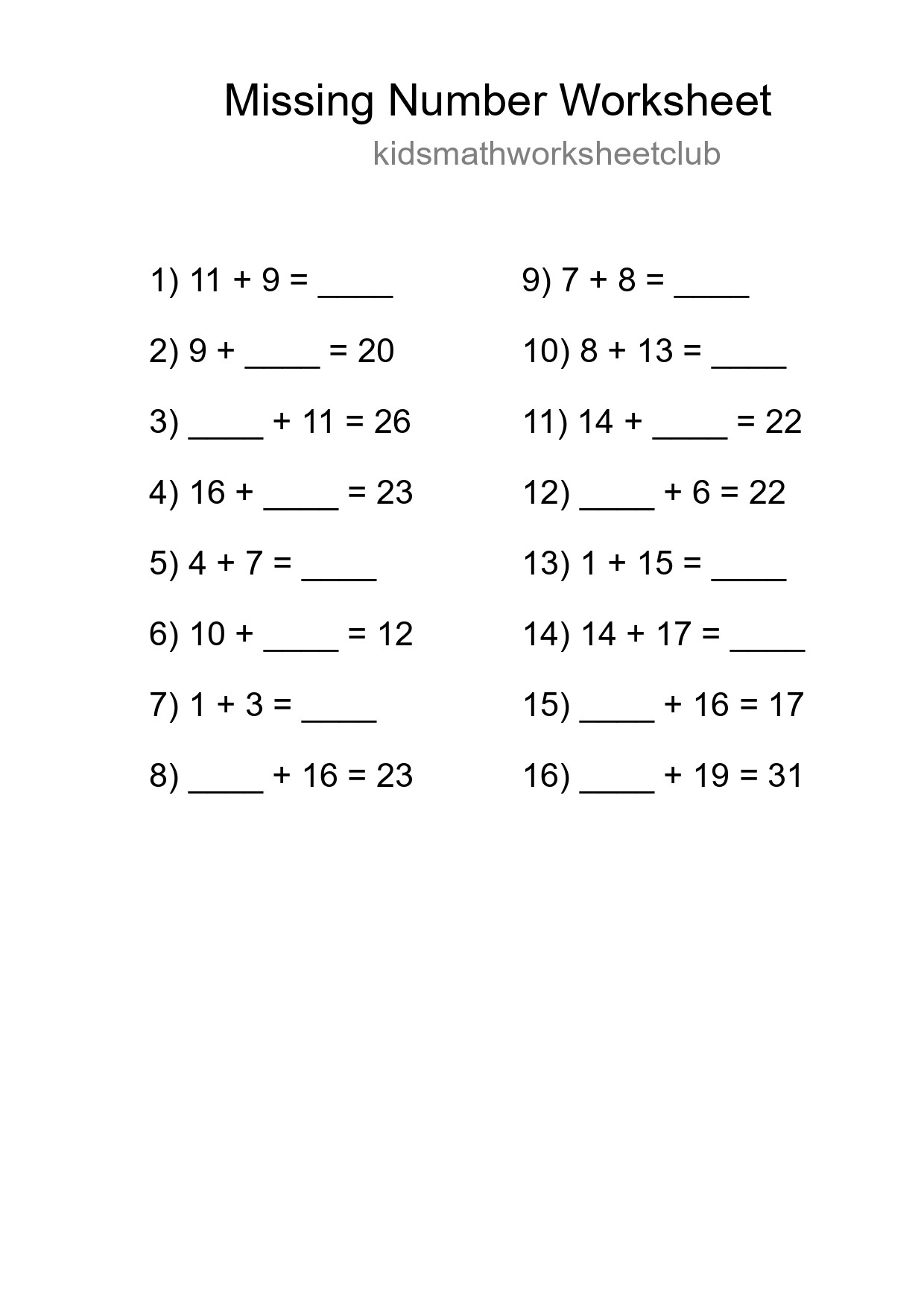 Missing Number Math Worksheet