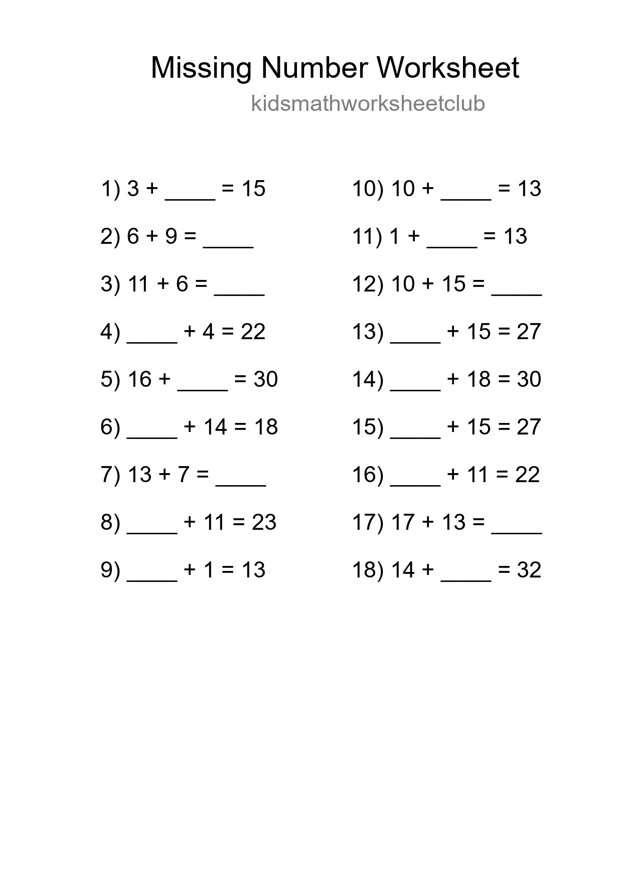 Missing Number Math Worksheet