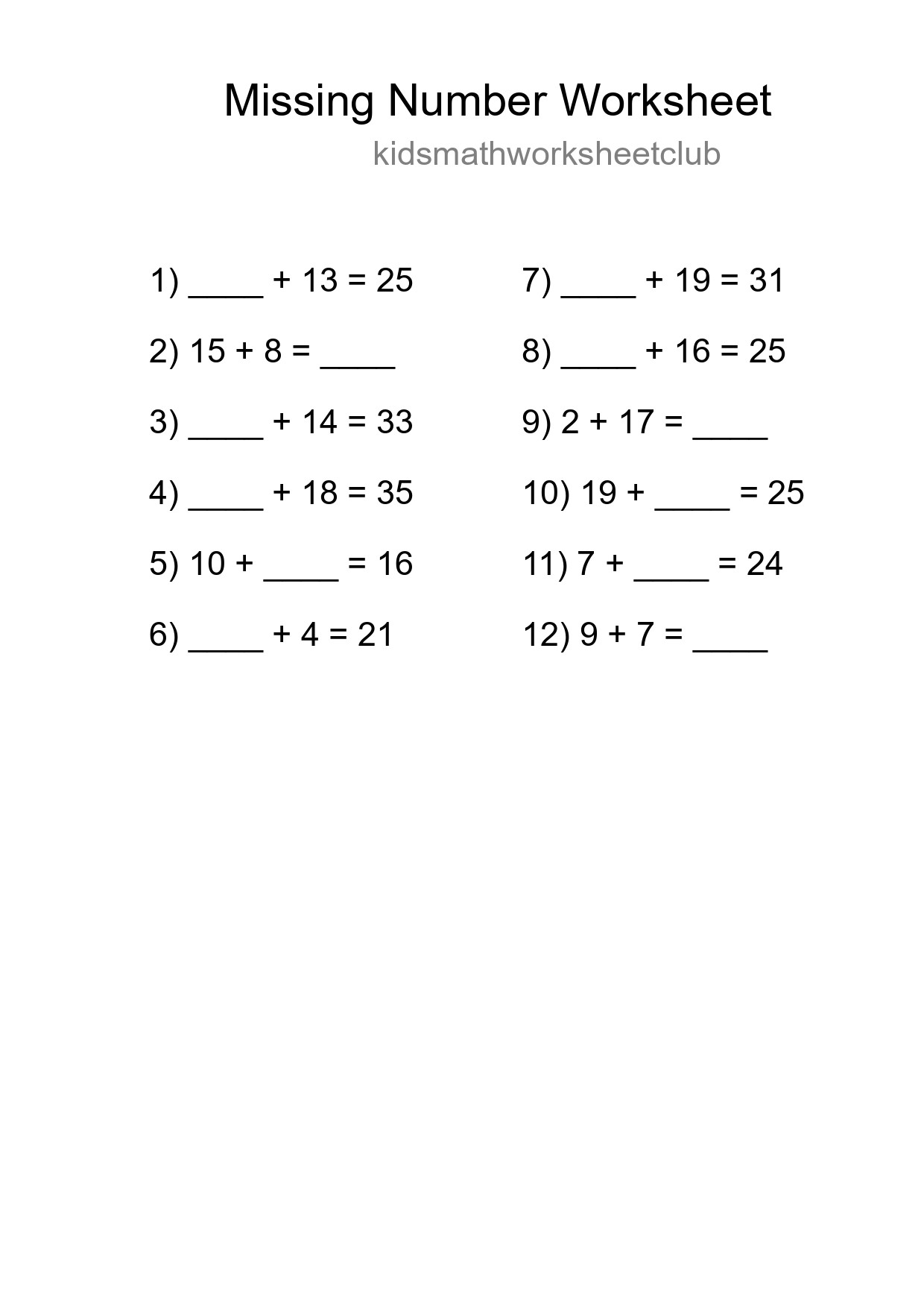 Missing Number Math Worksheet