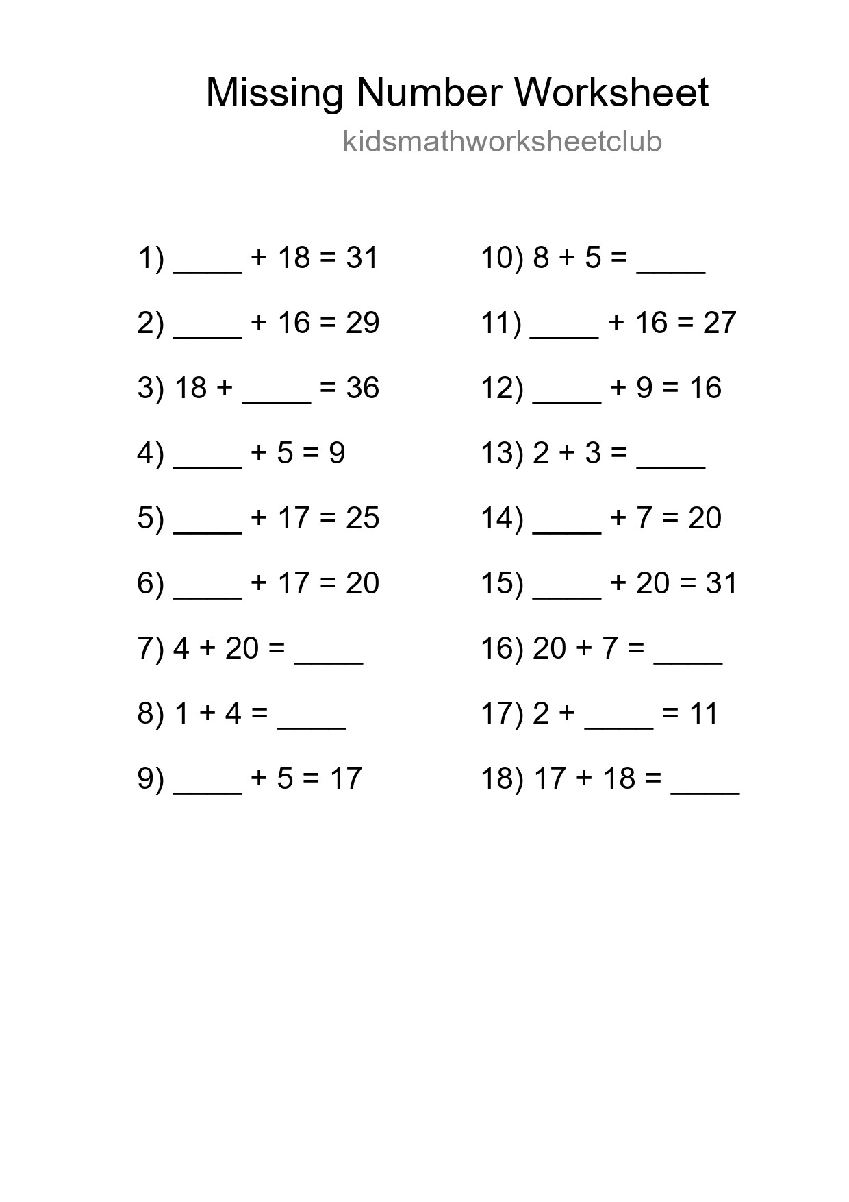 Missing Number Math Worksheet