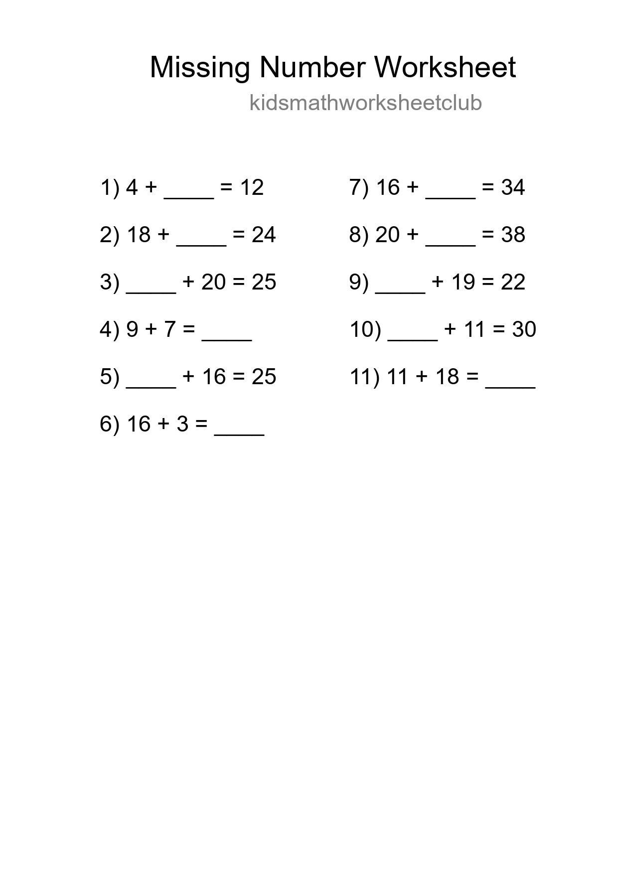 Missing Number Math Worksheet