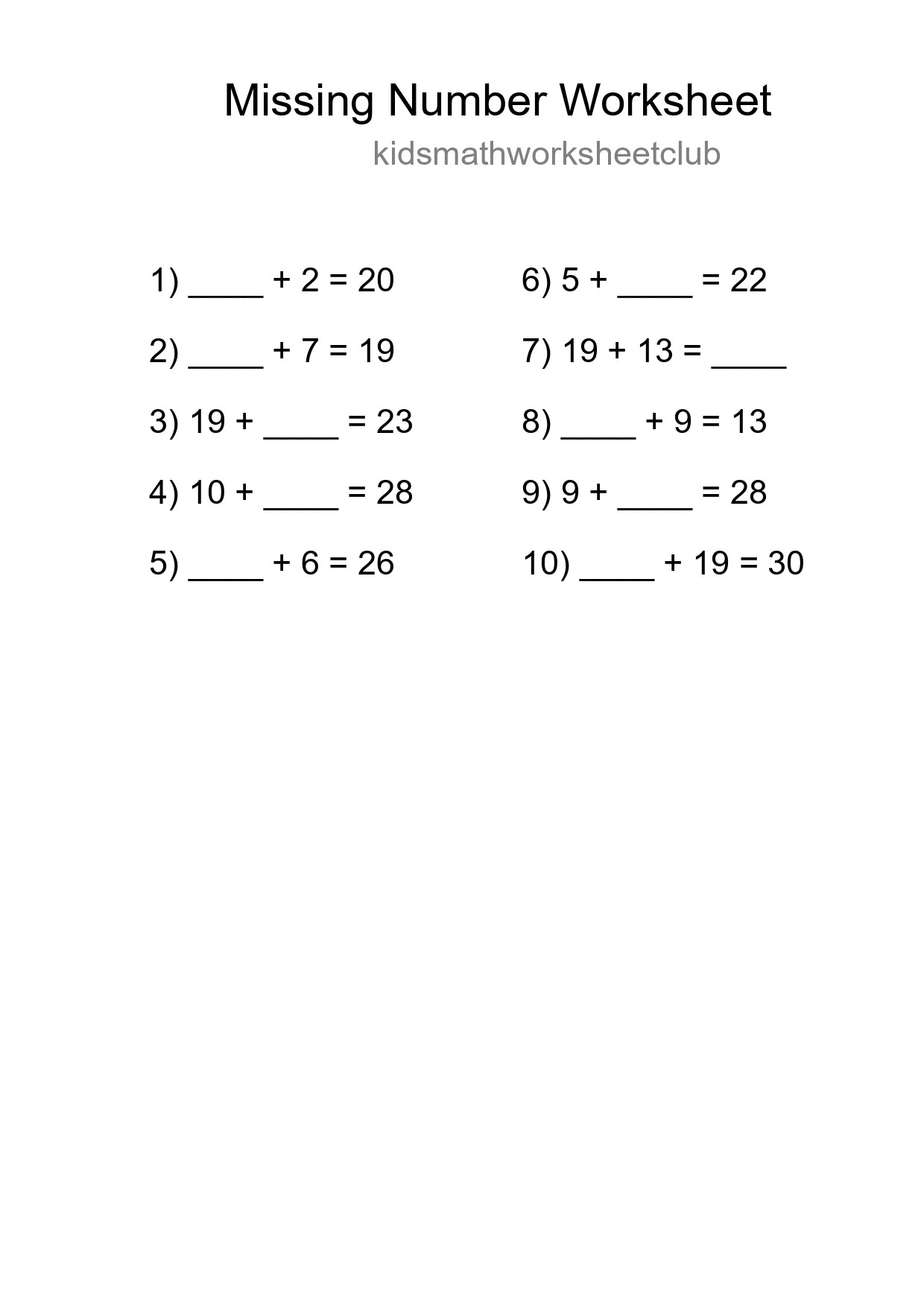 Missing Number Math Worksheet