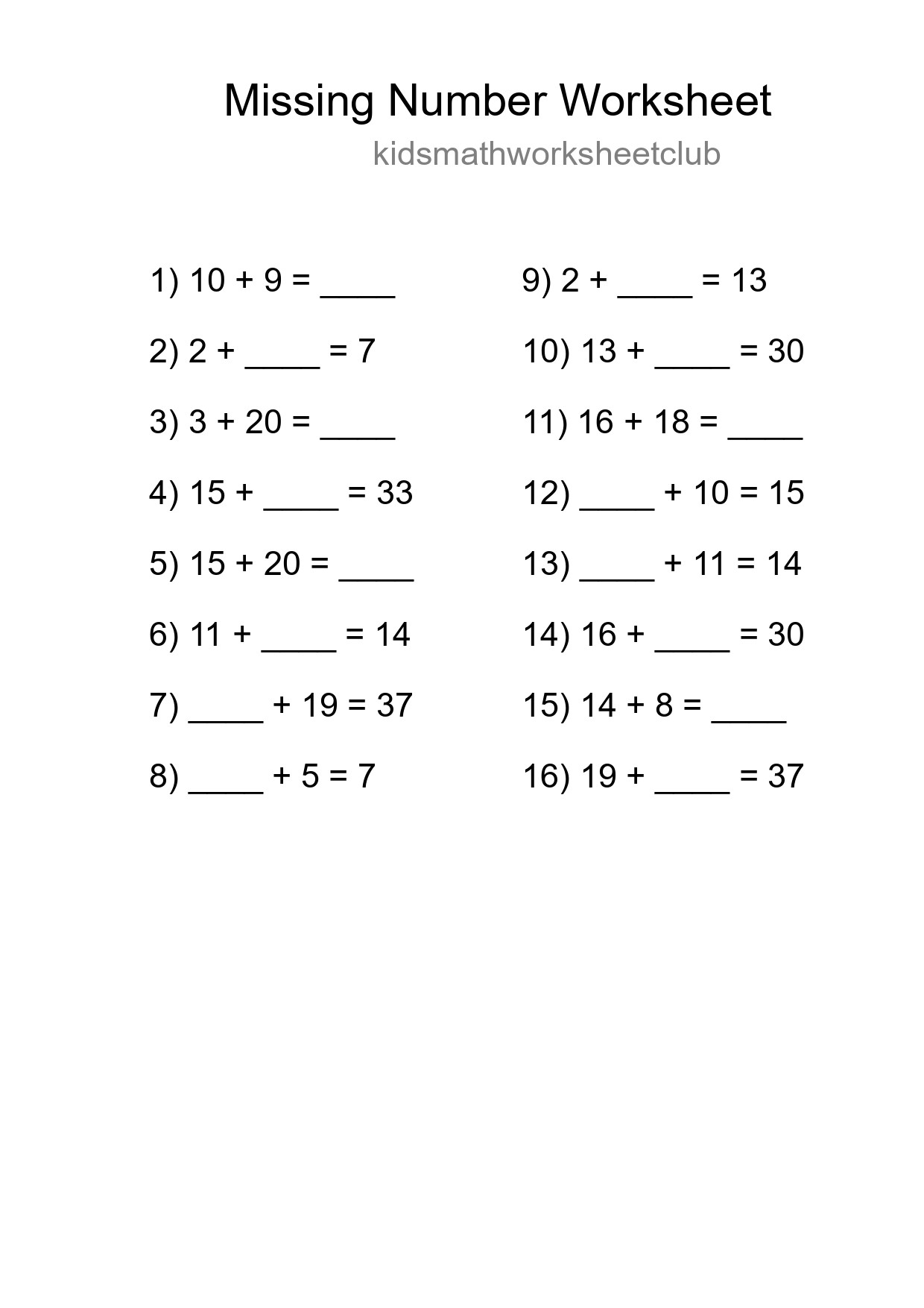 Missing Number Math Worksheet
