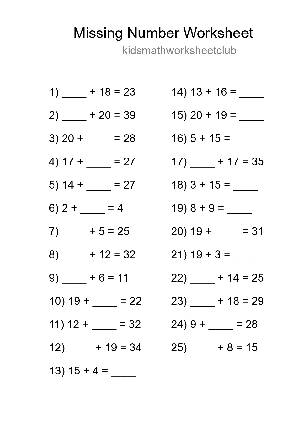 Missing Number Math Worksheet