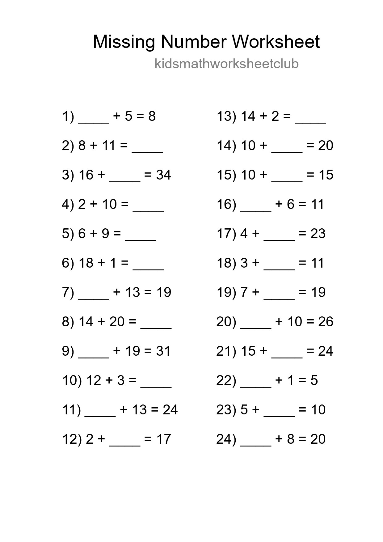 Missing Number Math Worksheet