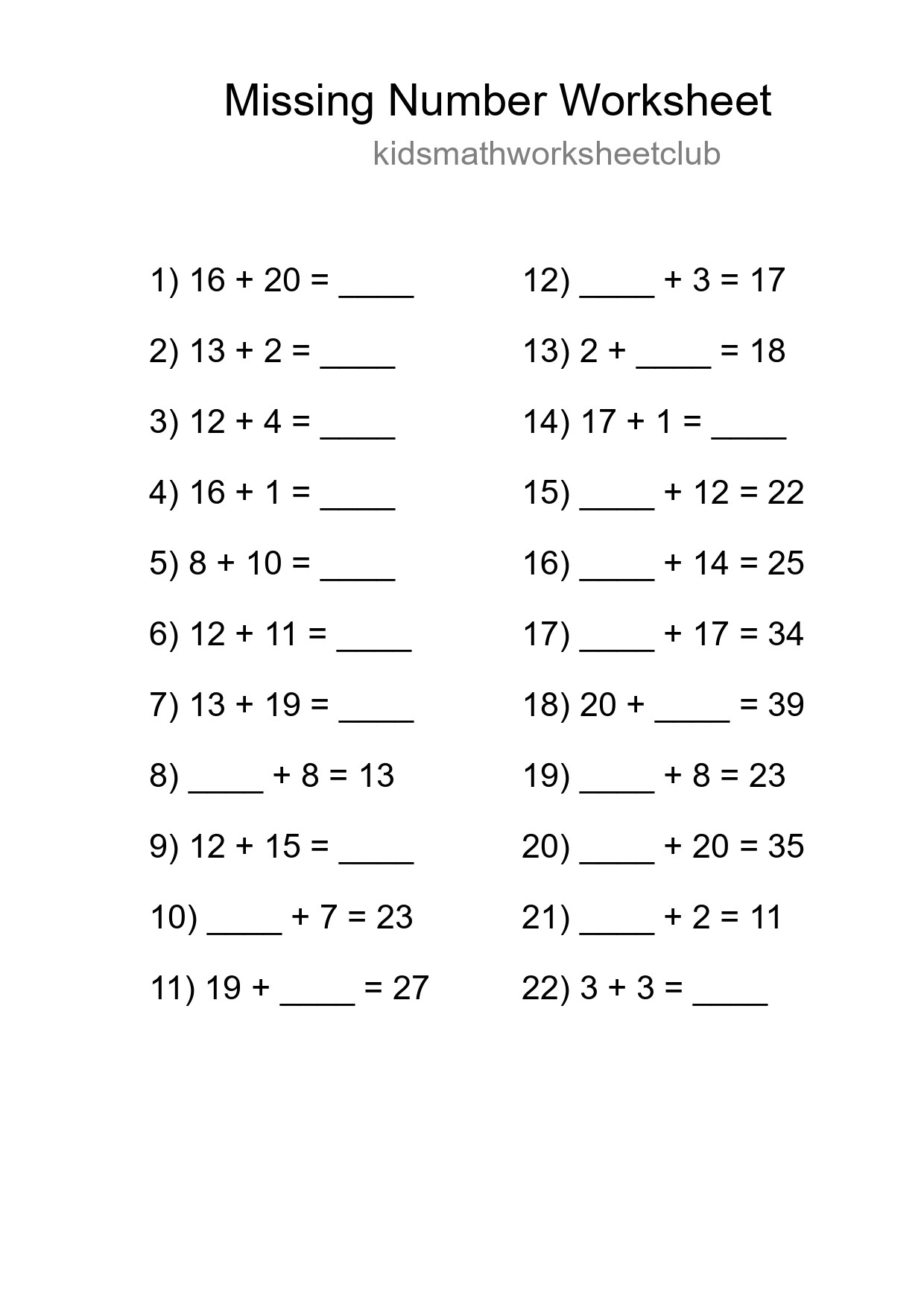 Missing Number Math Worksheet