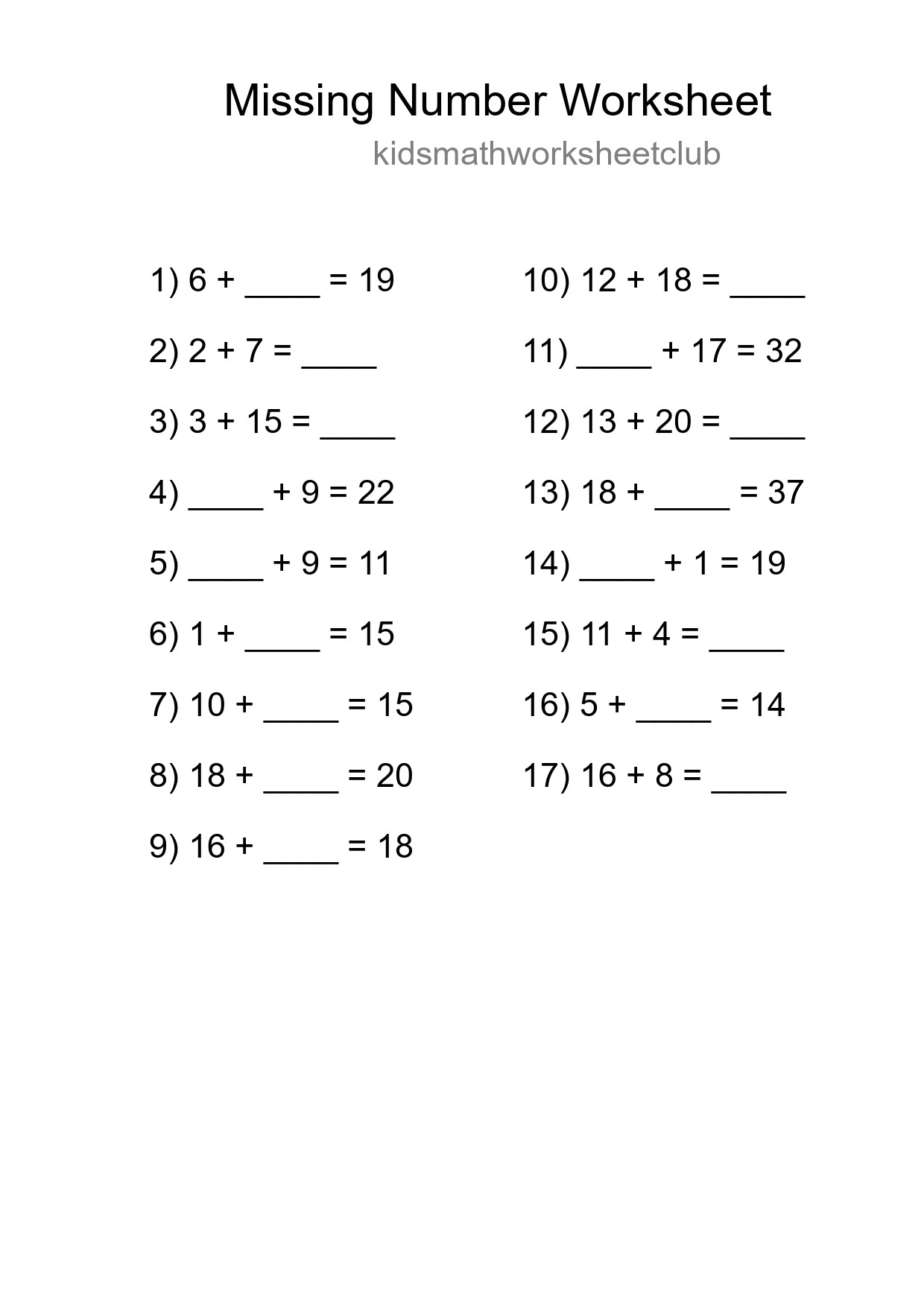 Missing Number Math Worksheet
