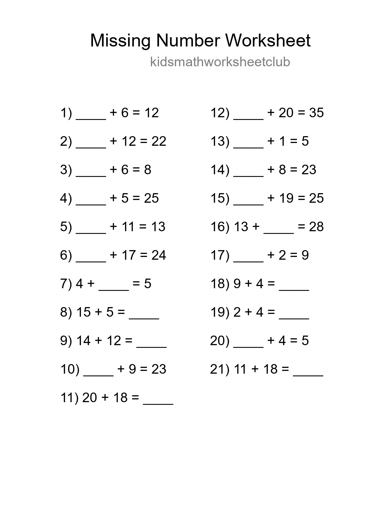 Missing Number Math Worksheet