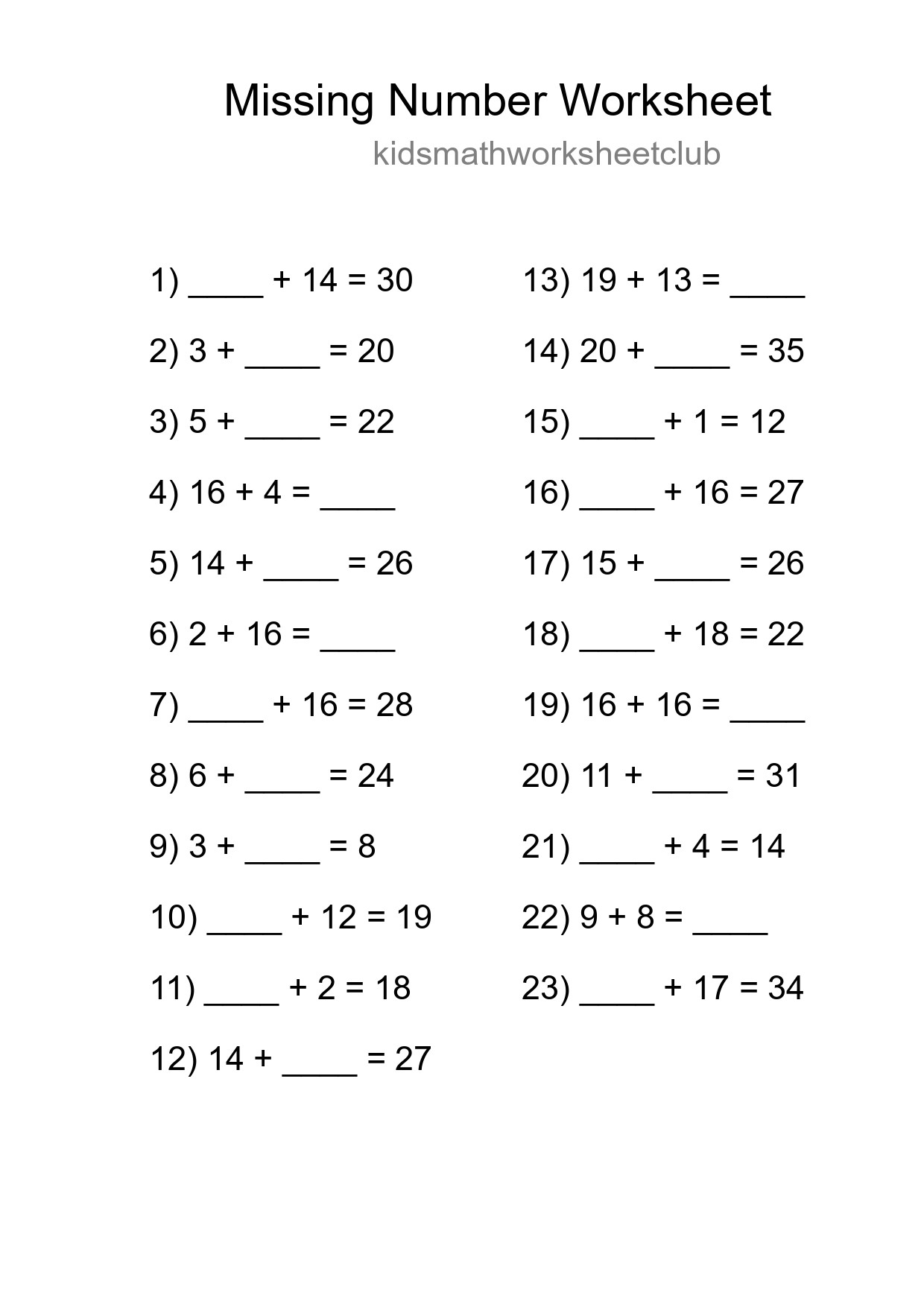 Missing Number Math Worksheet