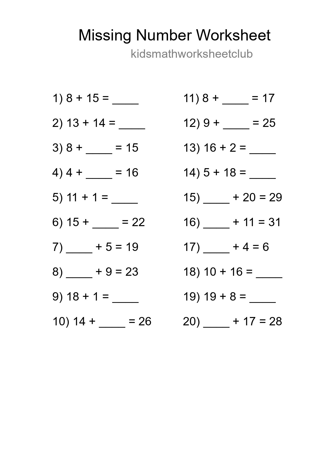 Missing Number Math Worksheet