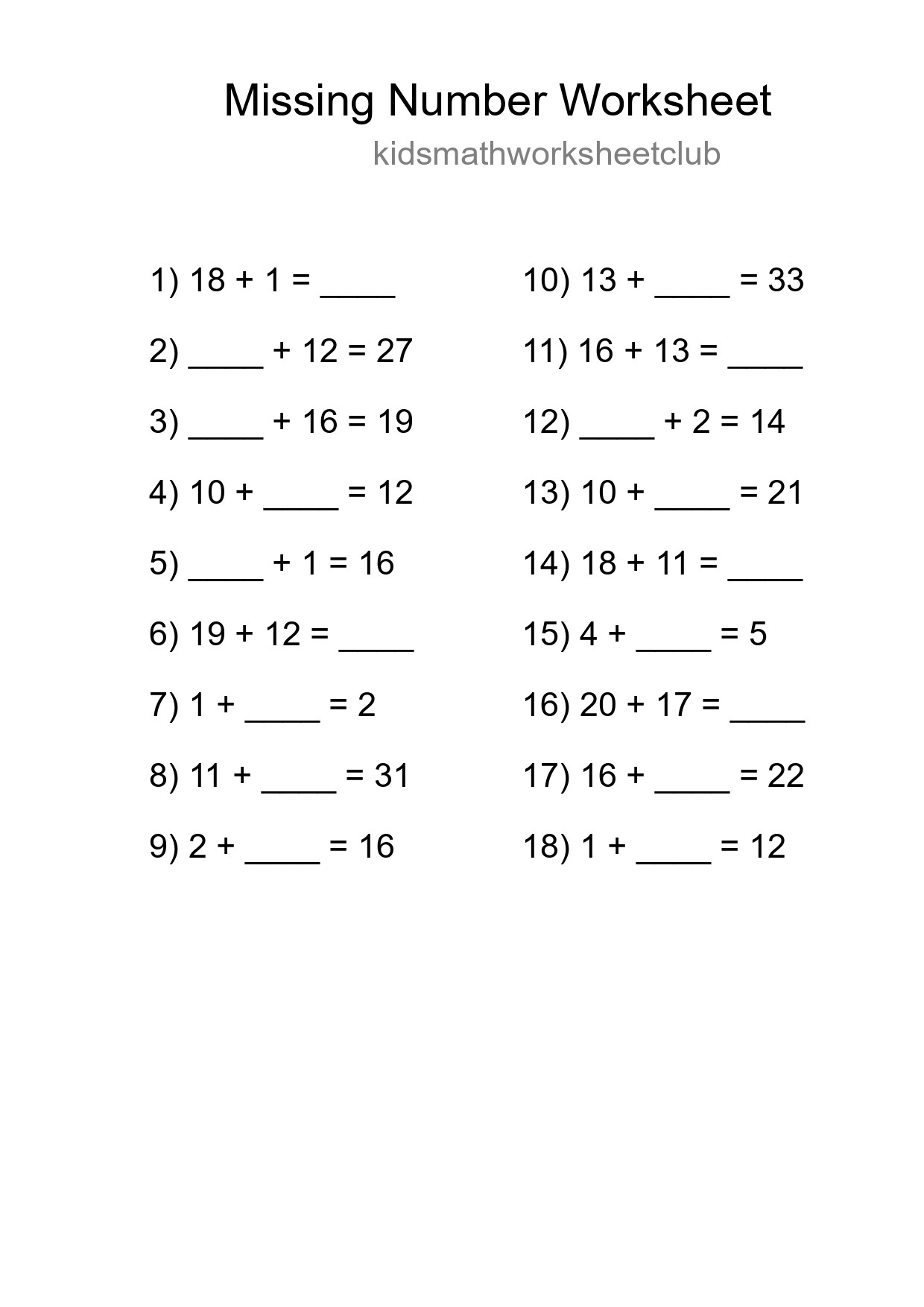 Missing Number Math Worksheet