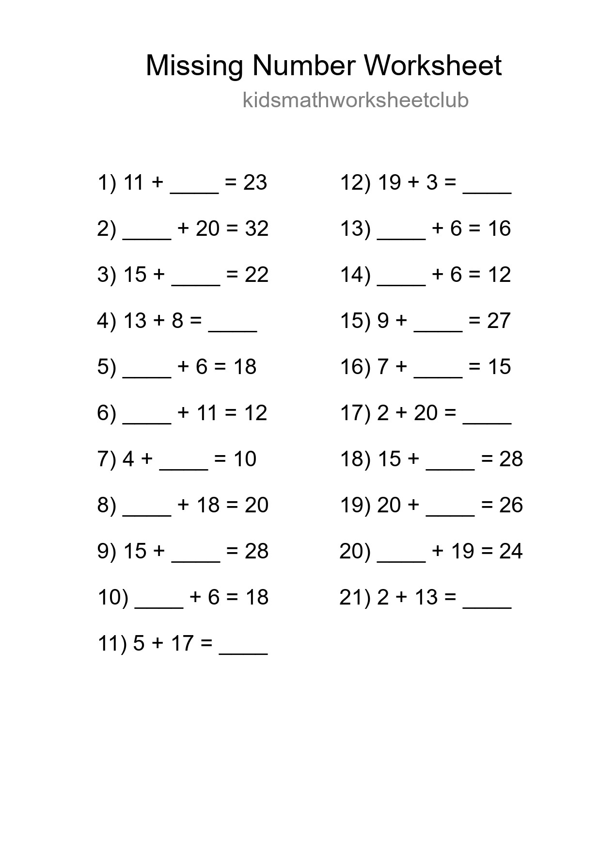 Missing Number Math Worksheet