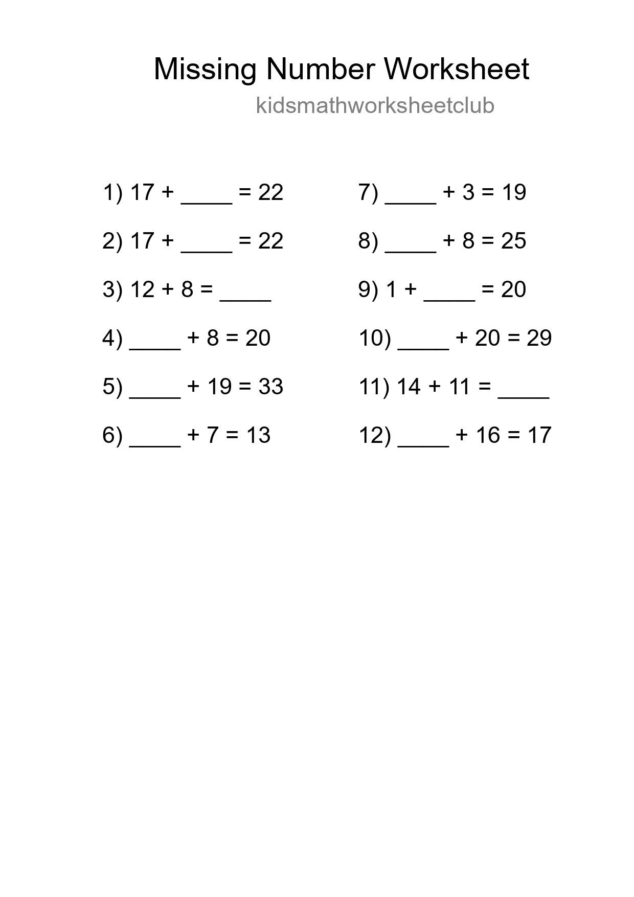 Missing Number Math Worksheet