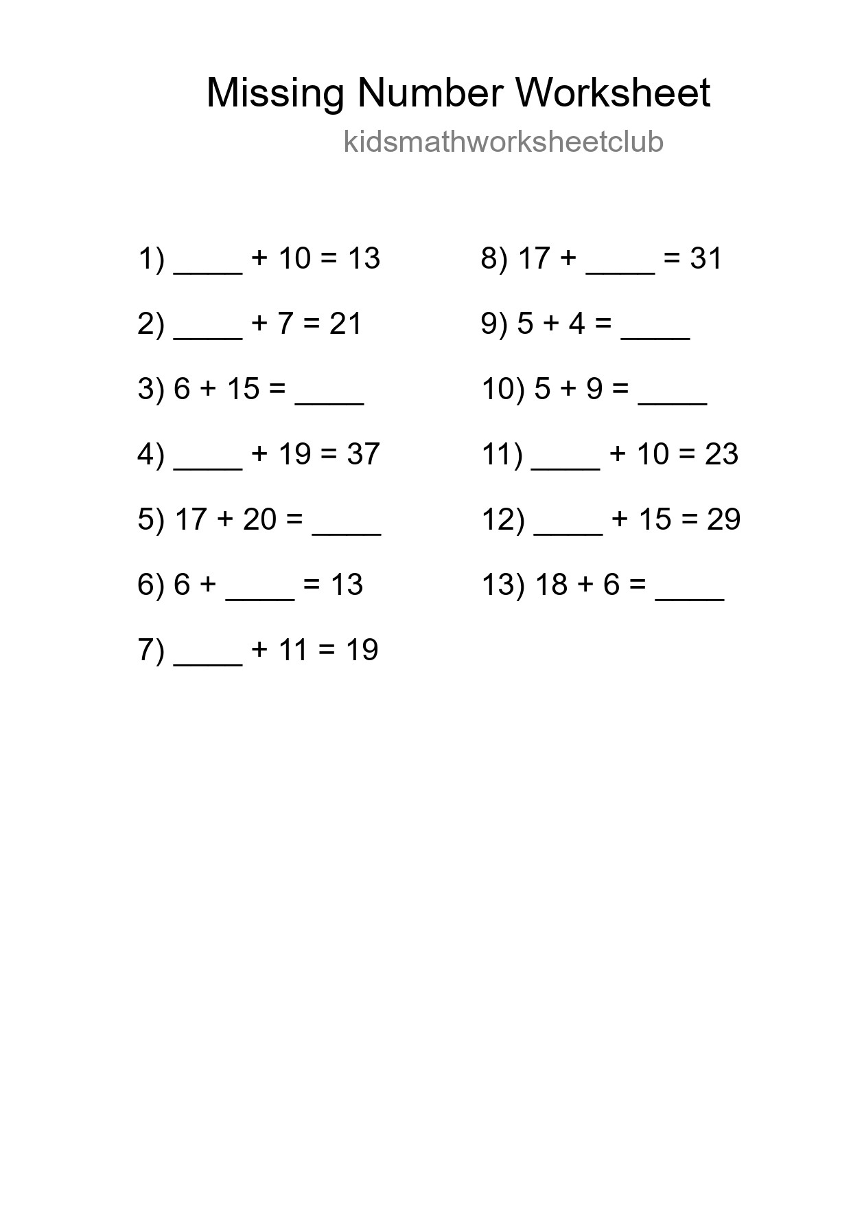 Missing Number Math Worksheet
