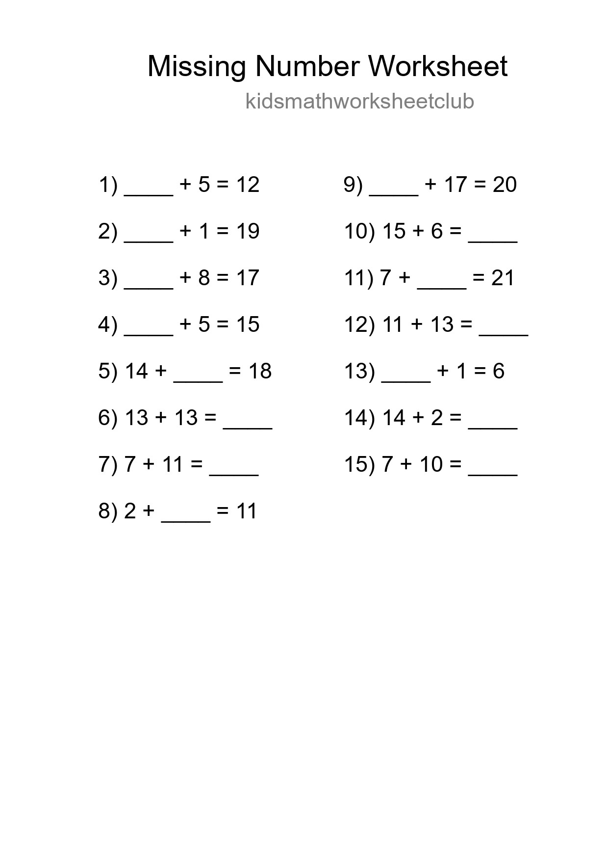 Missing Number Math Worksheet