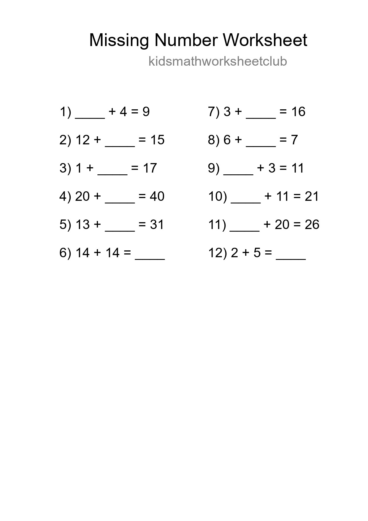 Missing Number Math Worksheet