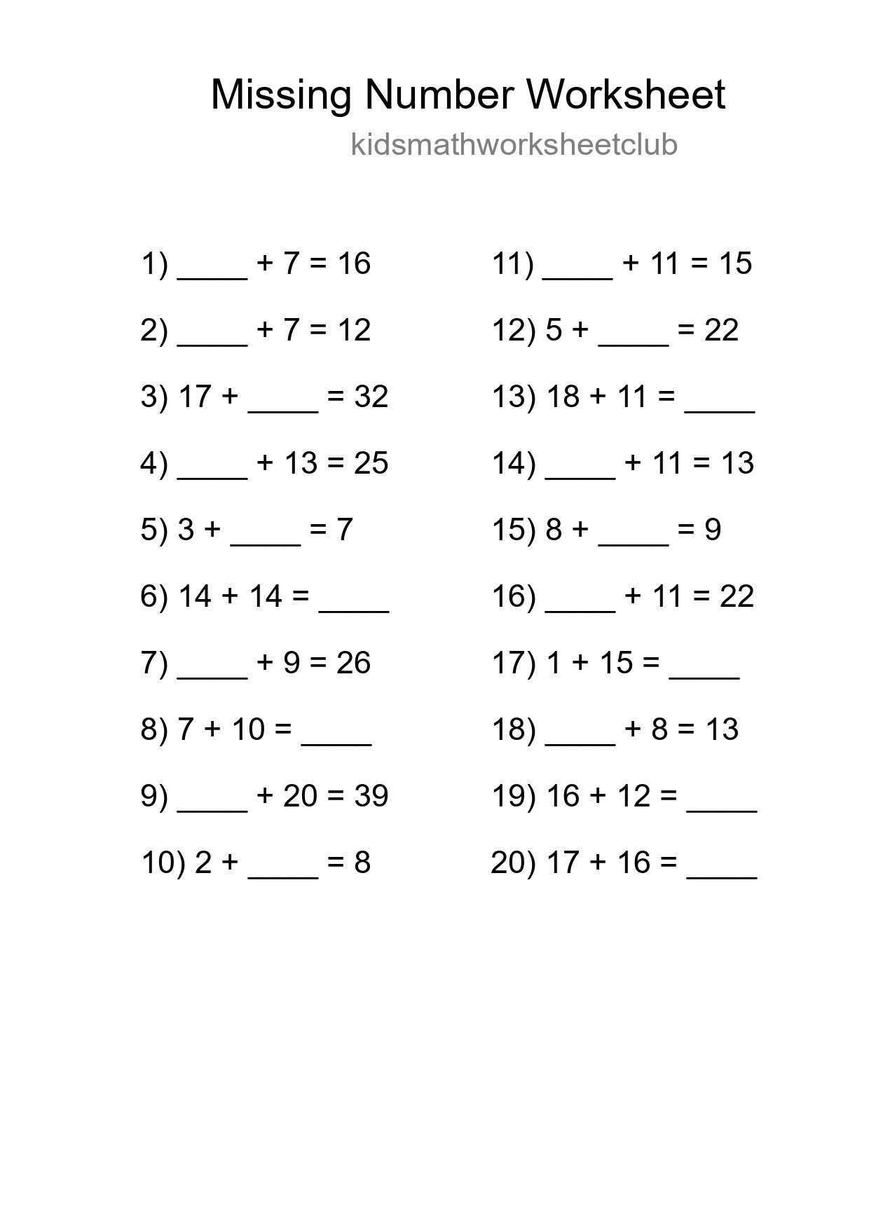 Missing Number Math Worksheet