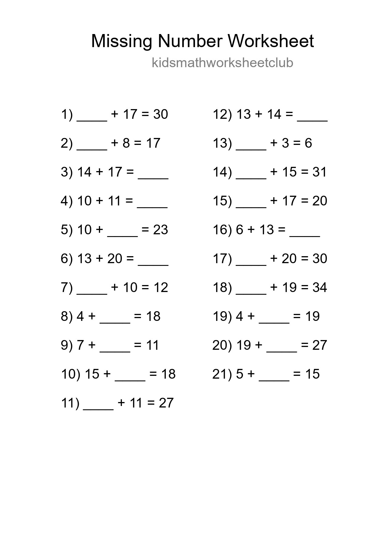 Missing Number Math Worksheet