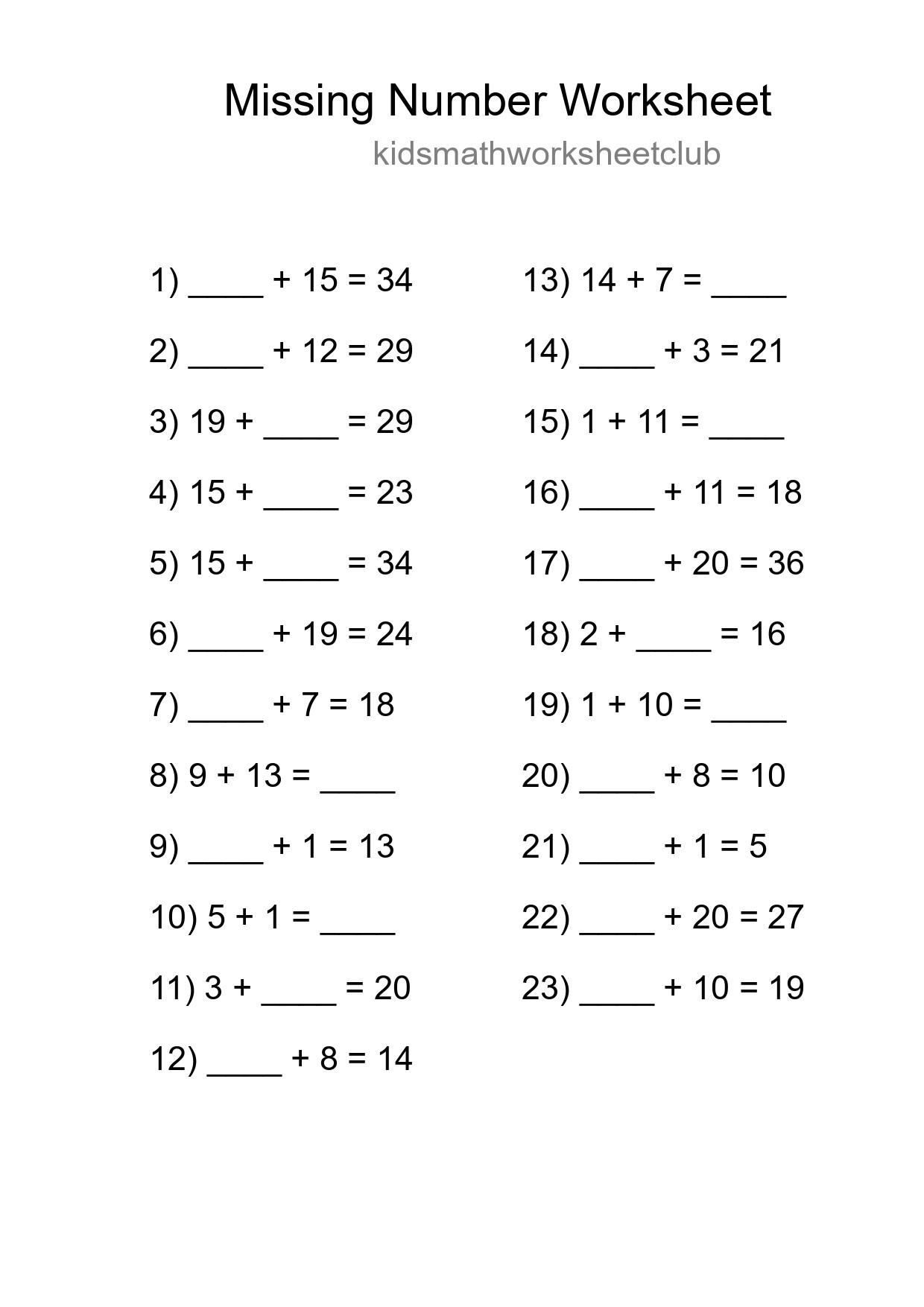 Missing Number Math Worksheet