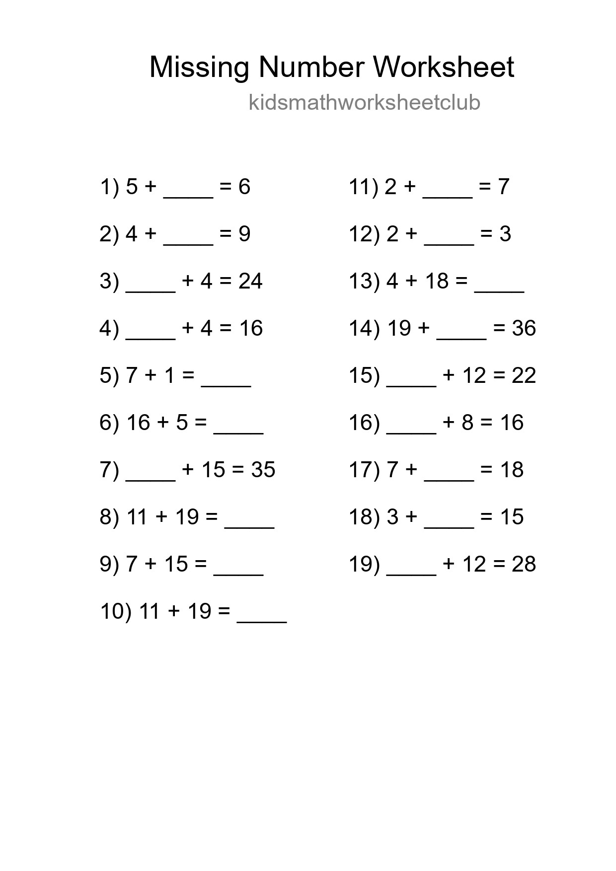 Missing Number Math Worksheet