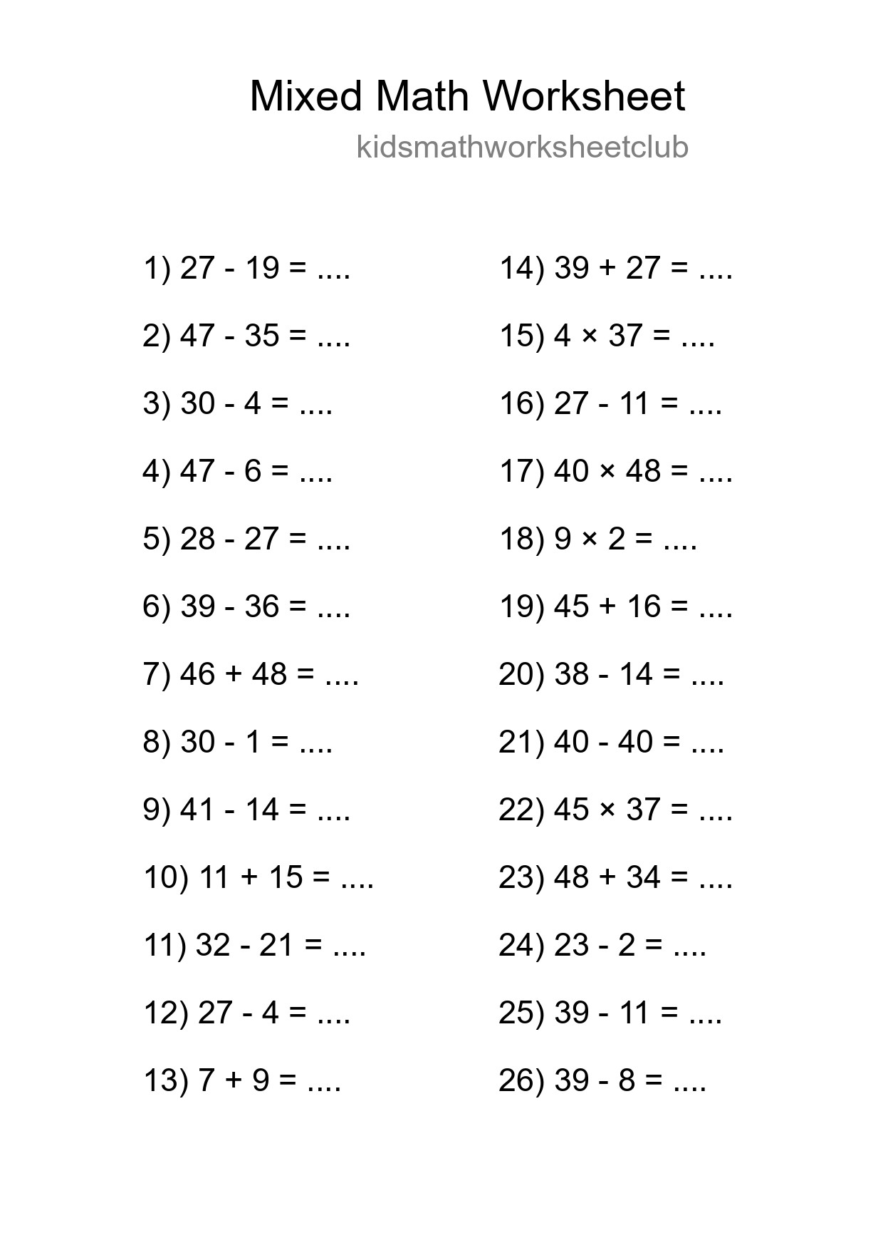 Mixed Operations Math Worksheet