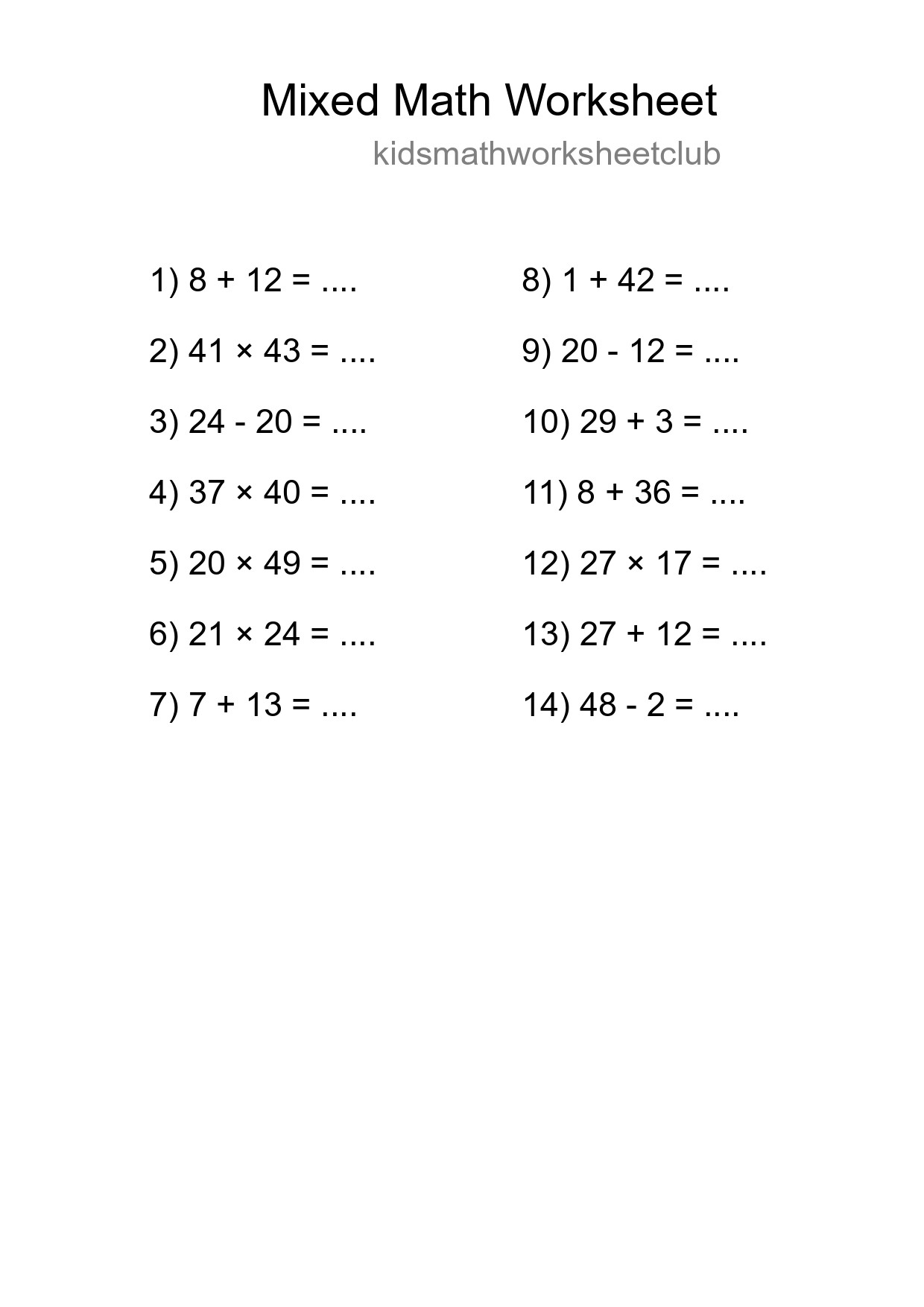 Mixed Operations Math Worksheet