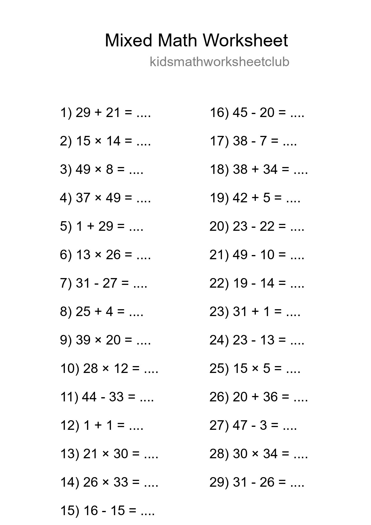 Mixed Operations Math Worksheet