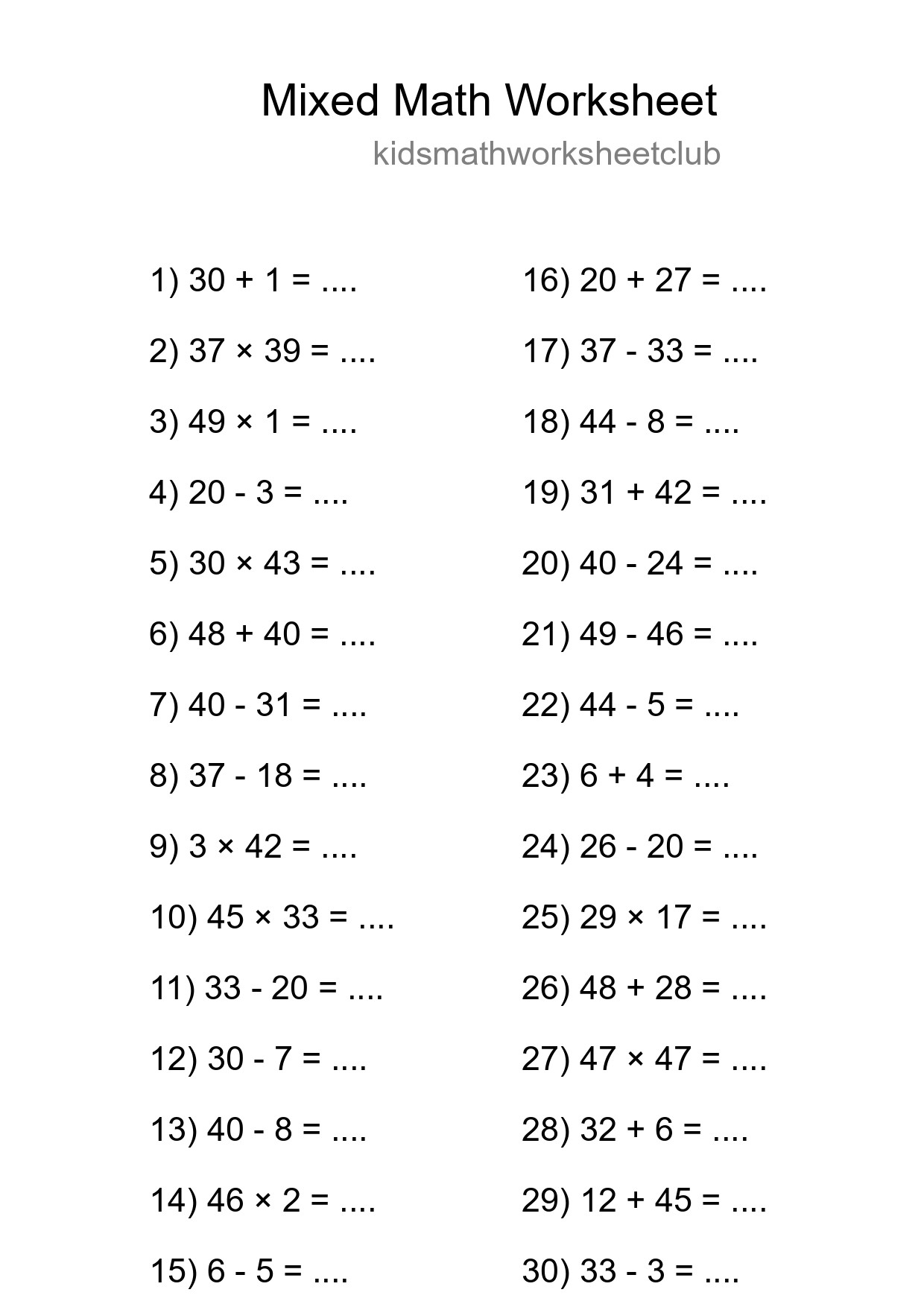 Mixed Operations Math Worksheet