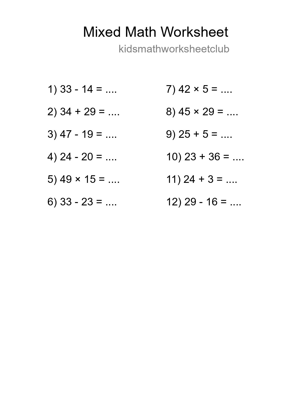 Mixed Operations Math Worksheet