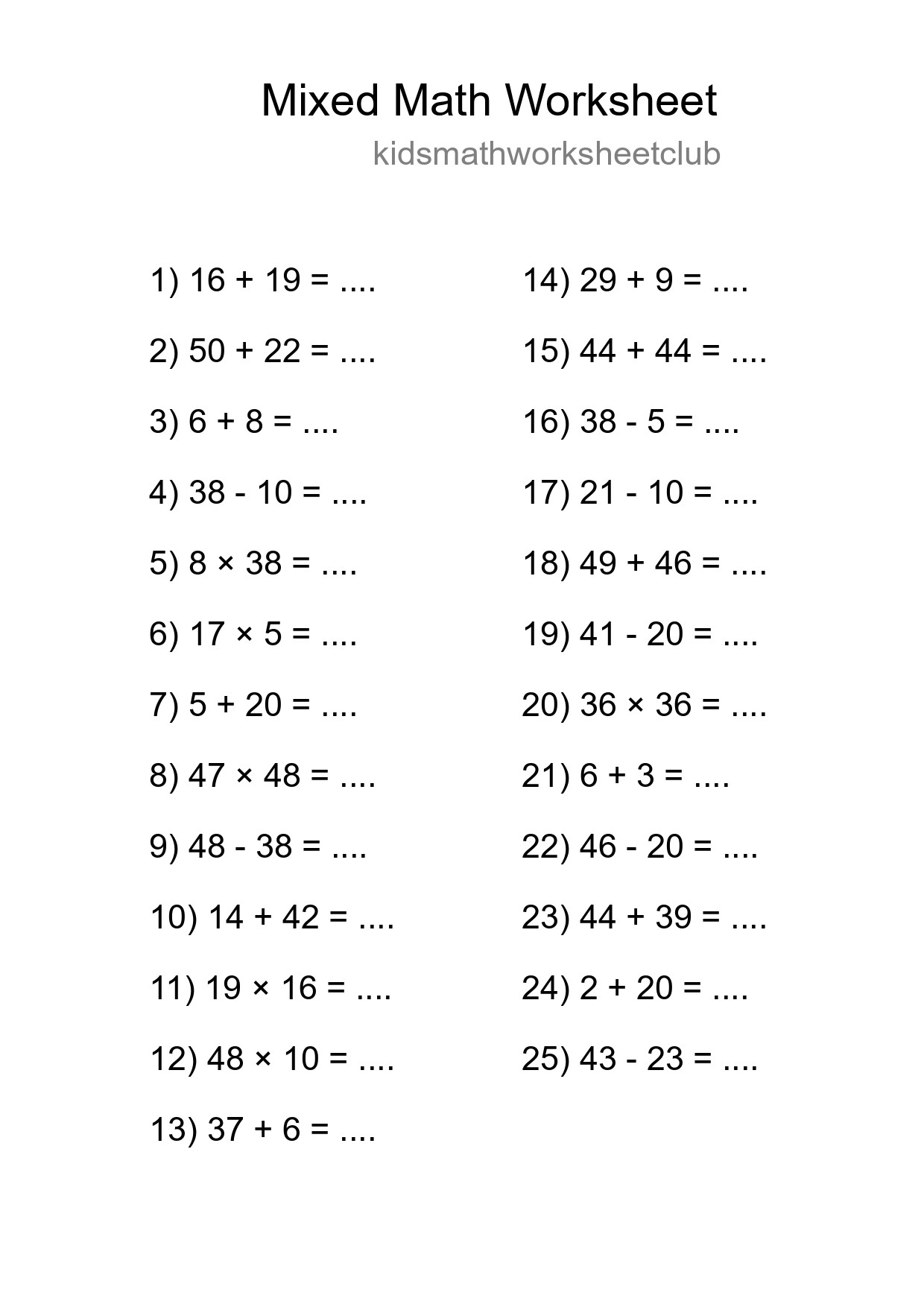 Mixed Operations Math Worksheet