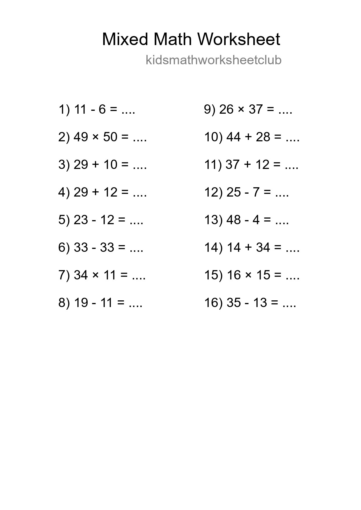 Mixed Operations Math Worksheet