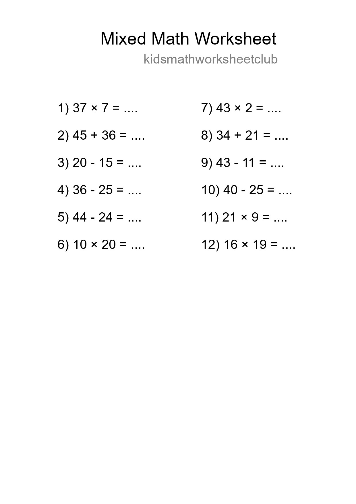 Mixed Operations Math Worksheet