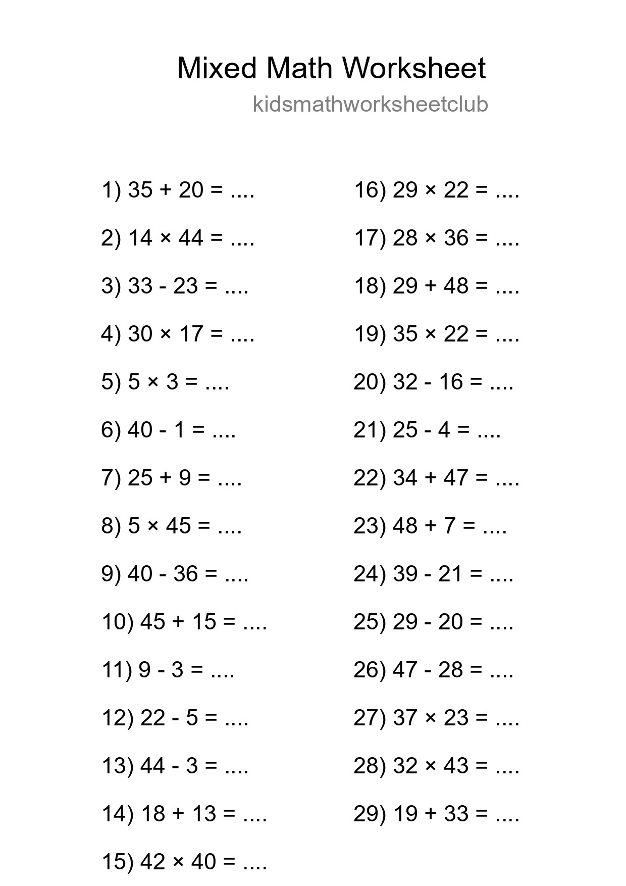 Mixed Operations Math Worksheet