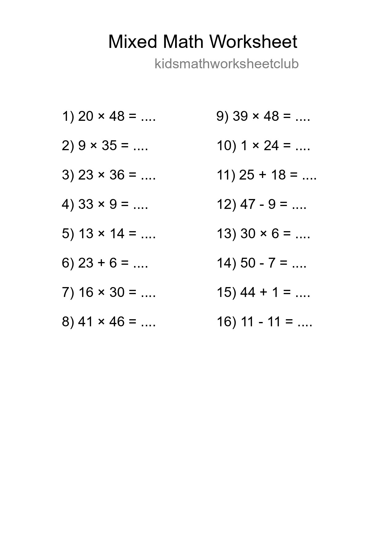 Mixed Operations Math Worksheet