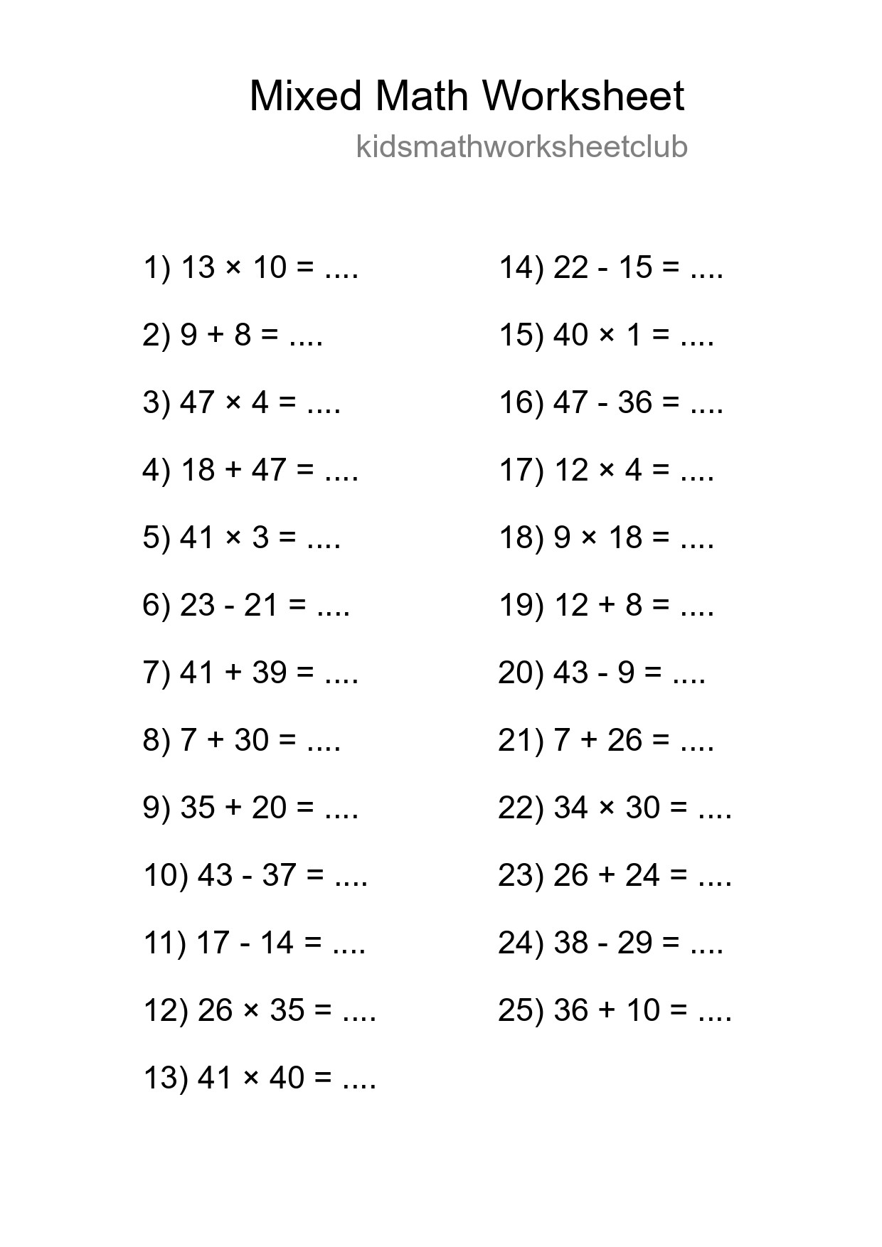 Mixed Operations Math Worksheet