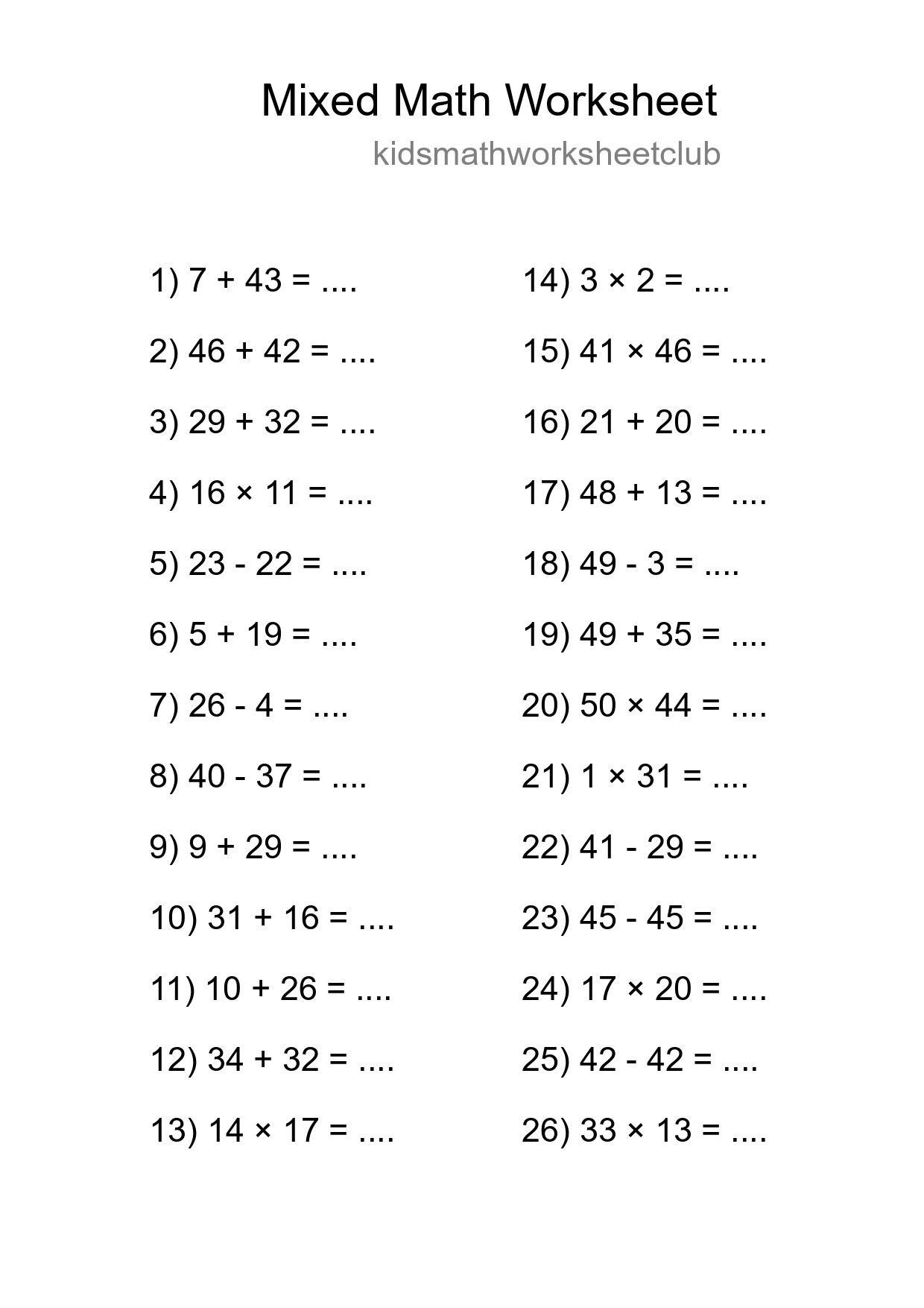 Mixed Operations Math Worksheet