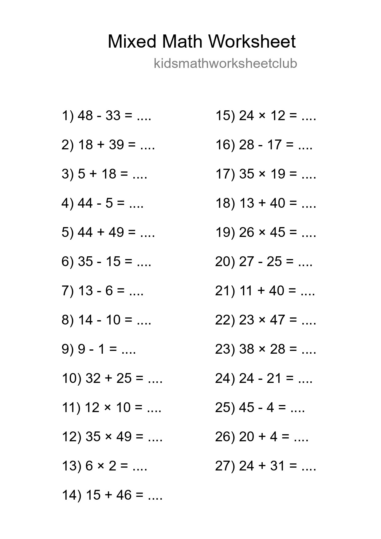 Mixed Operations Math Worksheet