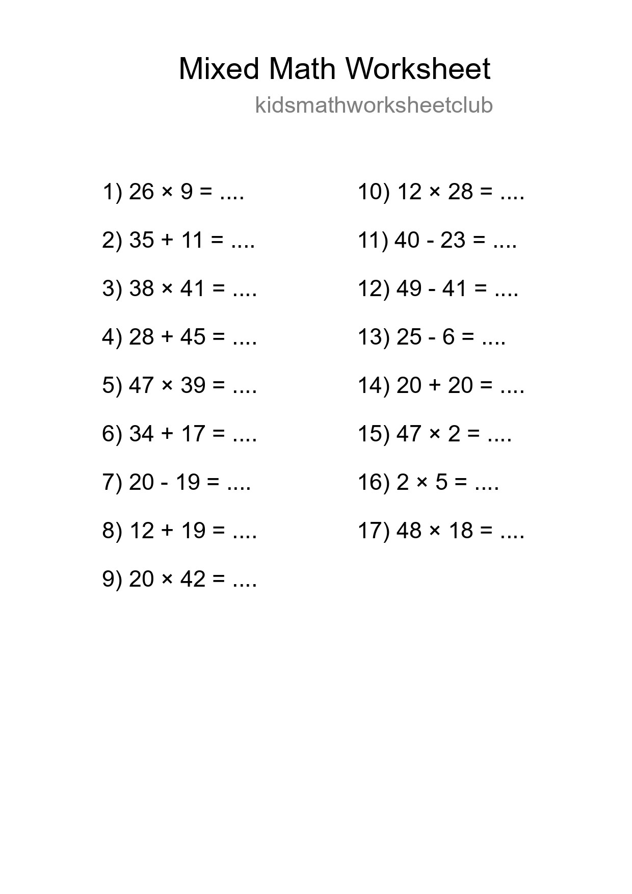 Mixed Operations Math Worksheet