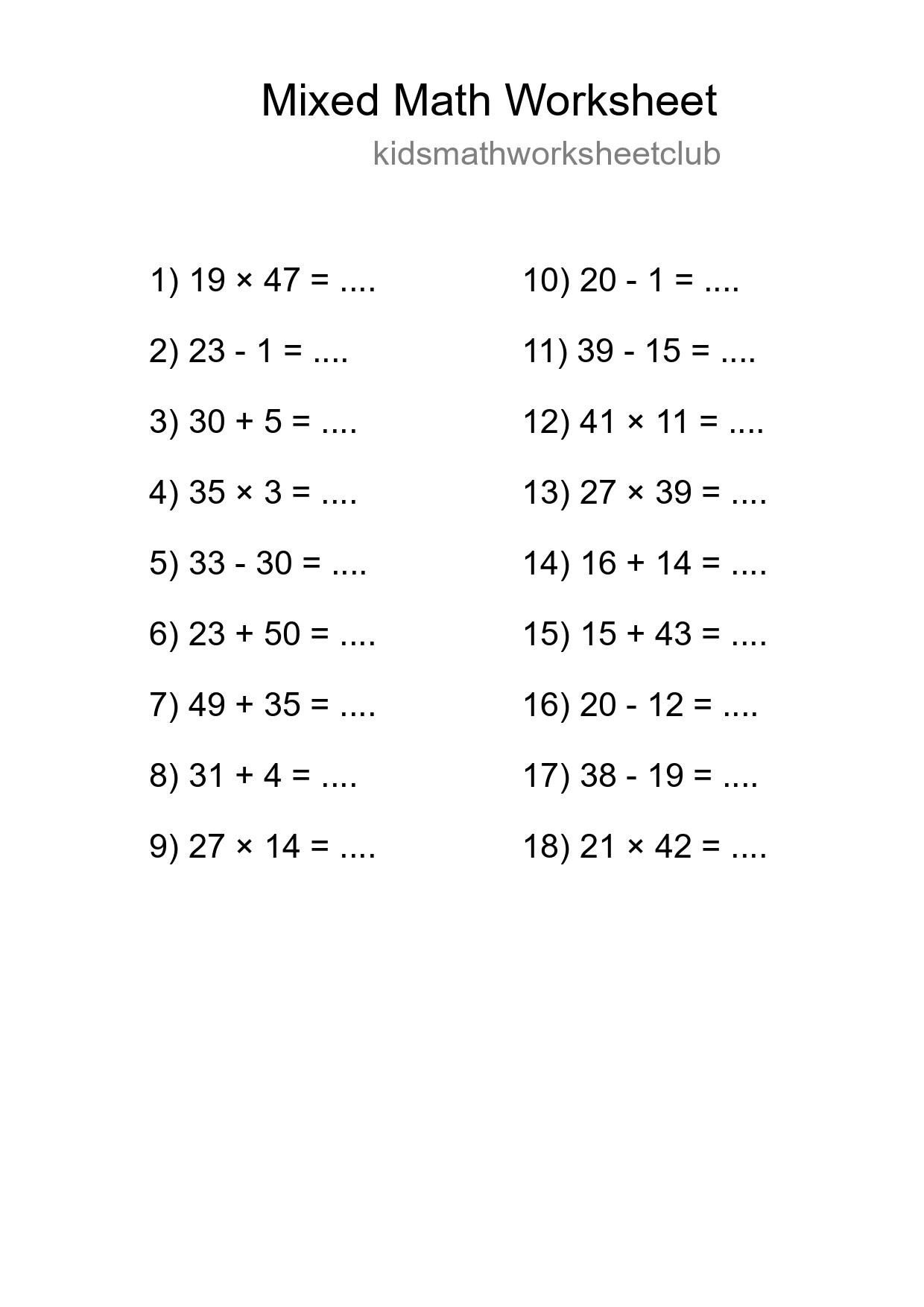 Mixed Operations Math Worksheet