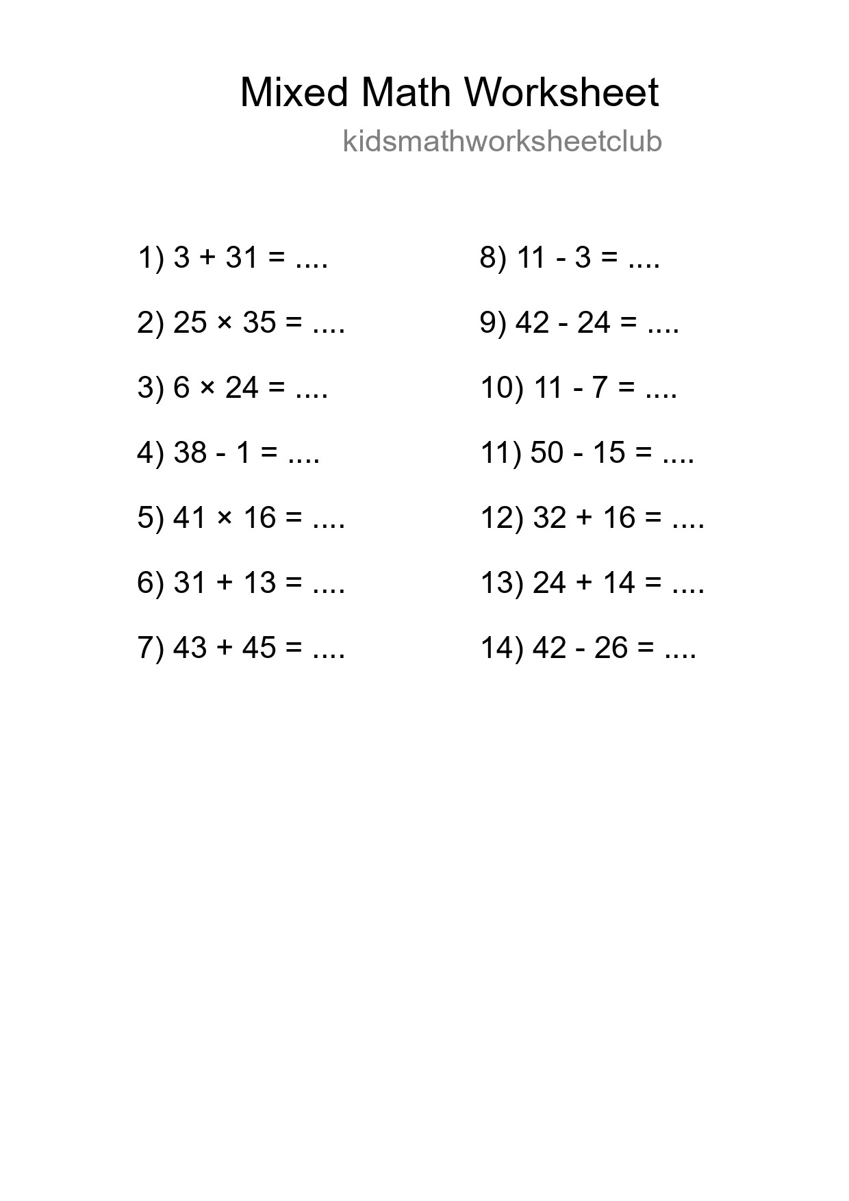 Mixed Operations Math Worksheet