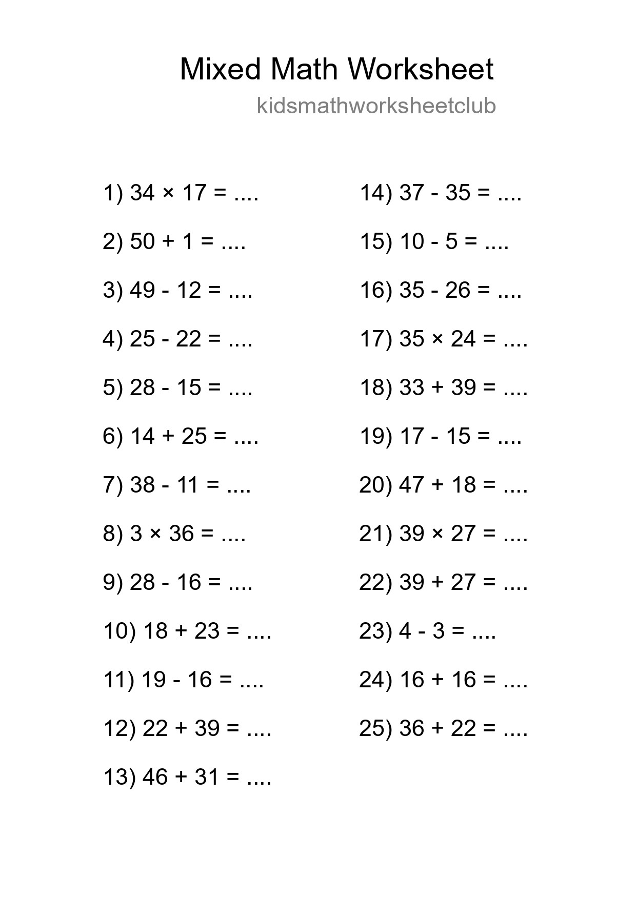 Mixed Operations Math Worksheet