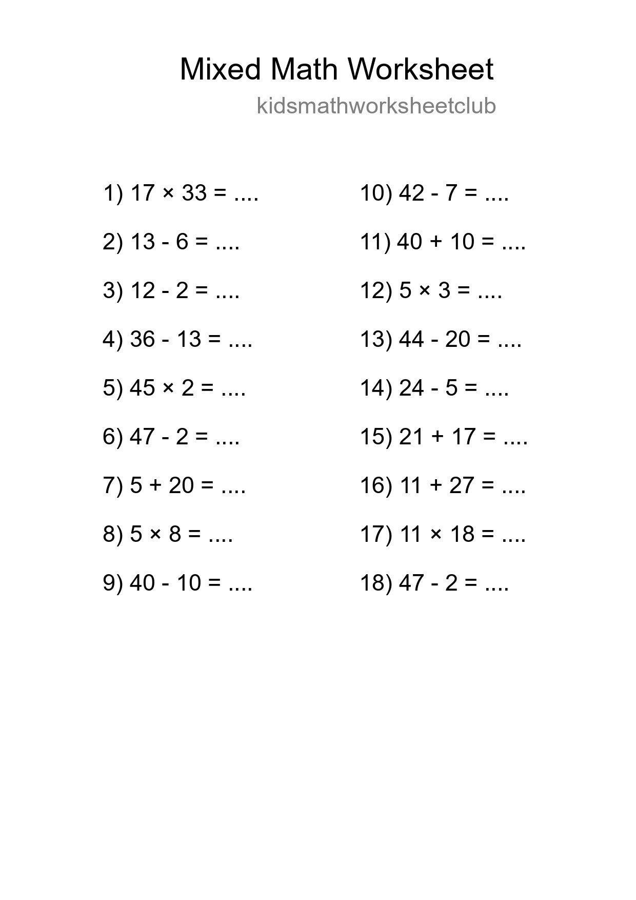 Mixed Operations Math Worksheet