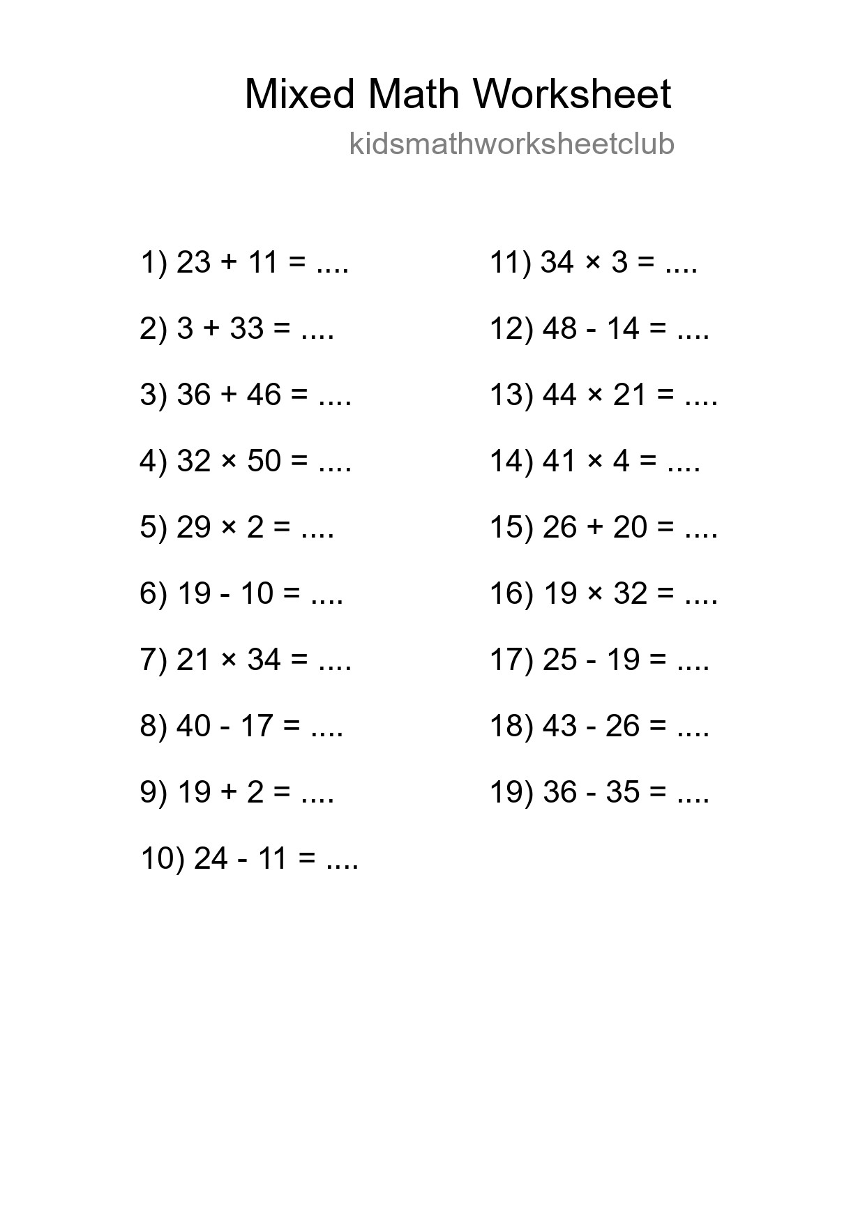 Mixed Operations Math Worksheet