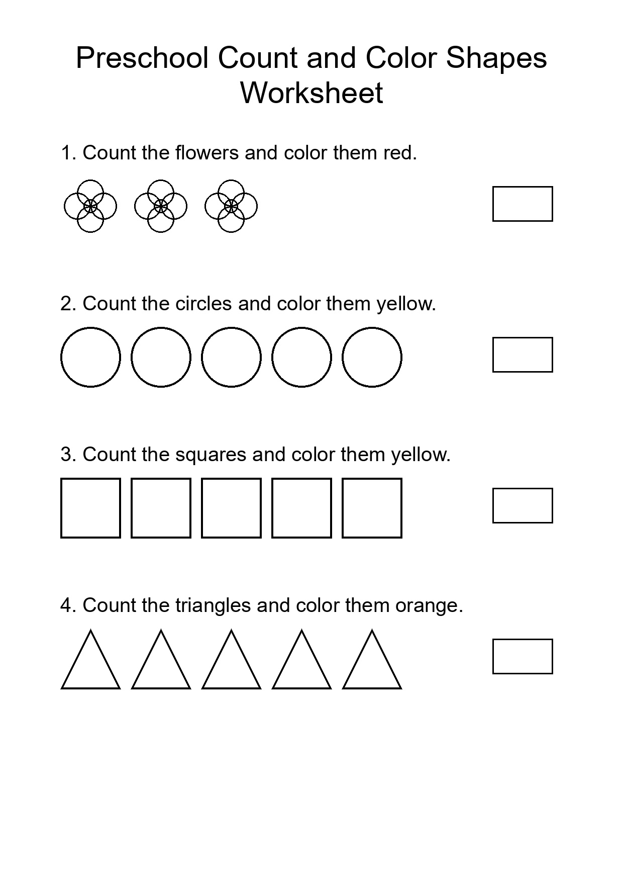 Preschool Count and Color Shapes Worksheet